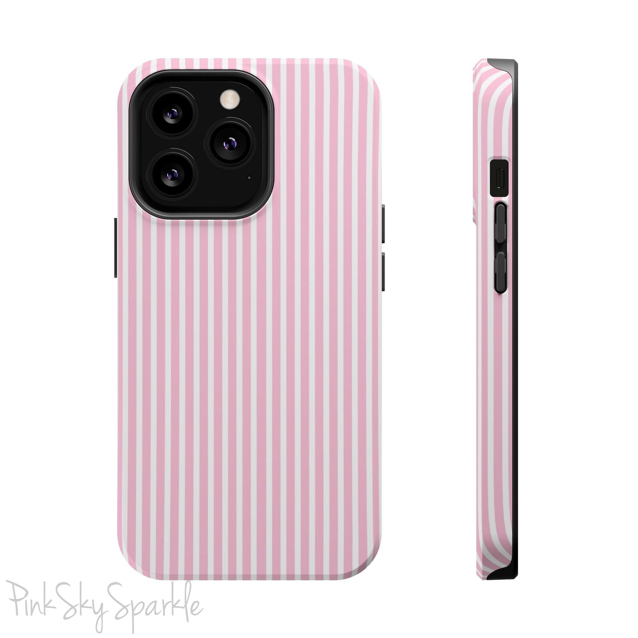 Pink Pinstripe Magnetic iPhone Case with soft pink and white stripes, a sleek and chic design for iPhone models 13, 14, 15, and 16.