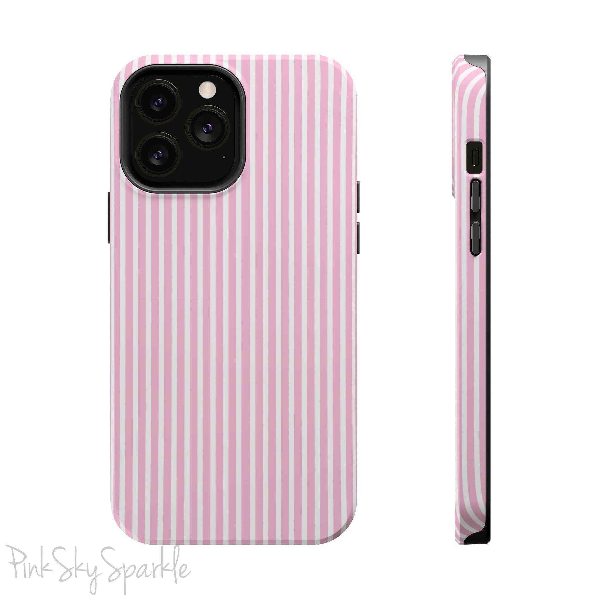 Pink Pinstripe Magnetic iPhone Case with soft pink and white stripes, a sleek and chic design for iPhone models 13, 14, 15, and 16.