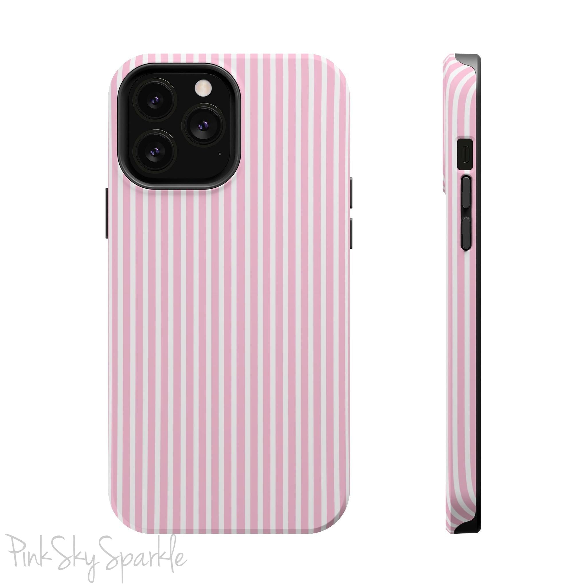 Pink Pinstripe Magnetic iPhone Case with soft pink and white stripes, a sleek and chic design for iPhone models 13, 14, 15, and 16.
