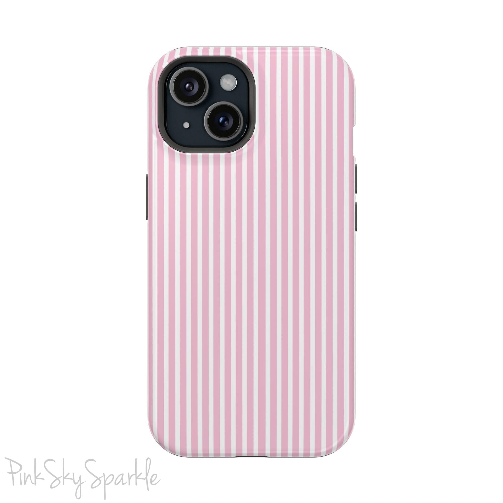 Pink Pinstripe Magnetic iPhone Case with soft pink and white stripes, a sleek and chic design for iPhone models 13, 14, 15, and 16.