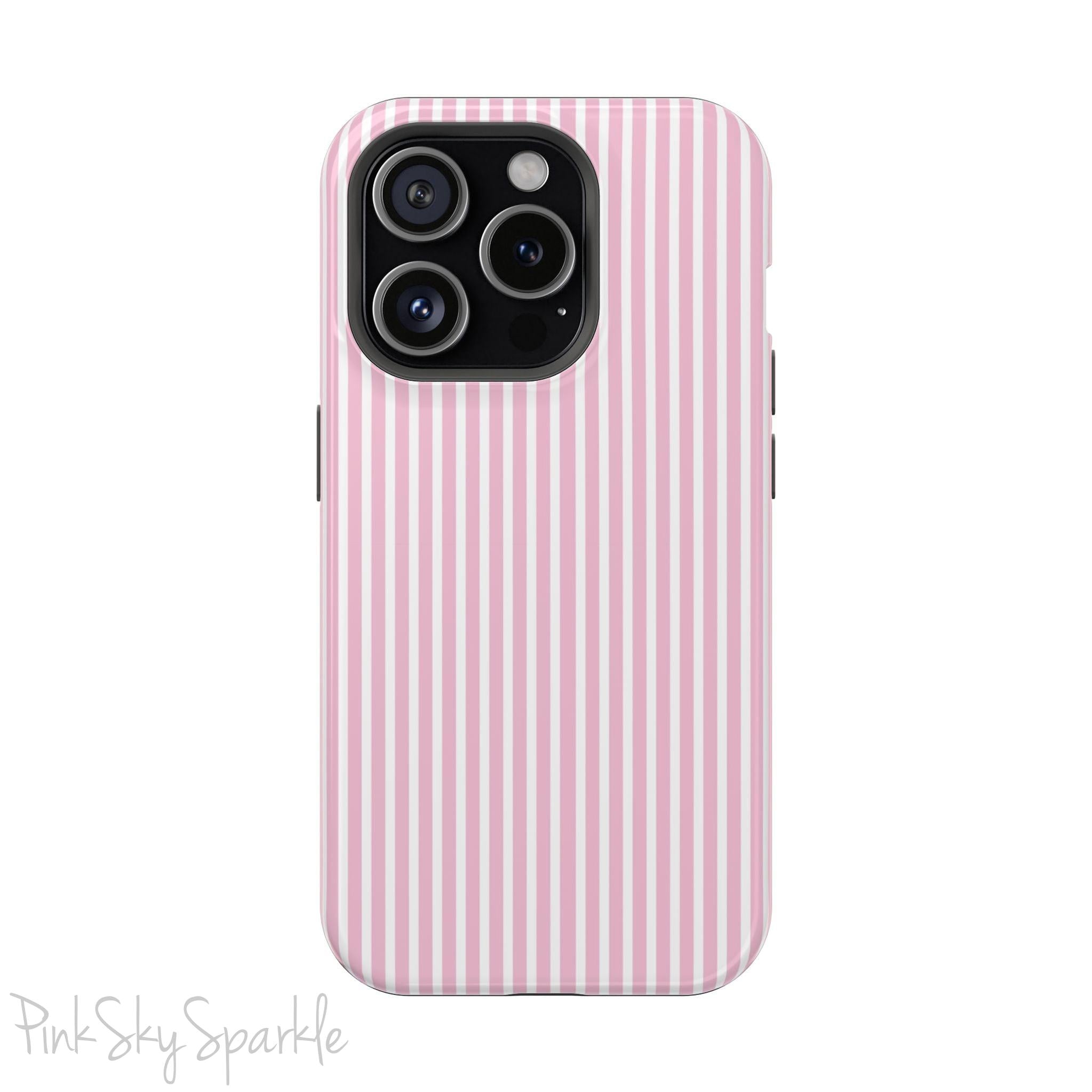 Pink Pinstripe Magnetic iPhone Case with soft pink and white stripes, a sleek and chic design for iPhone models 13, 14, 15, and 16.