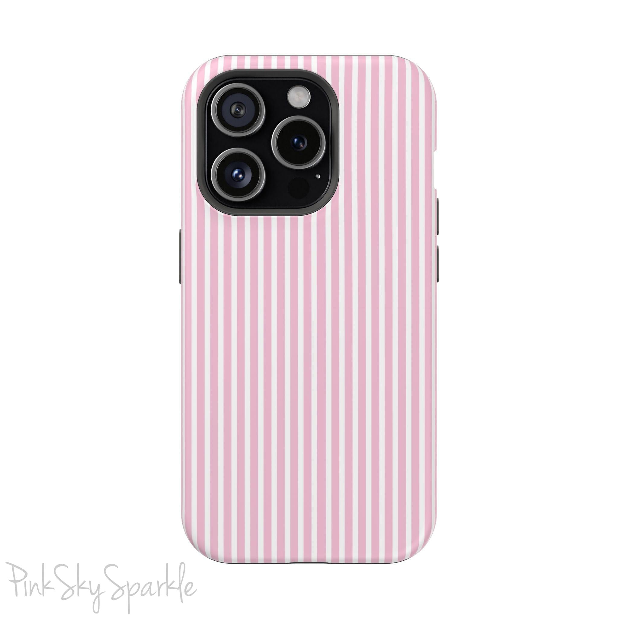 Pink Pinstripe Magnetic iPhone Case with soft pink and white stripes, a sleek and chic design for iPhone models 13, 14, 15, and 16.