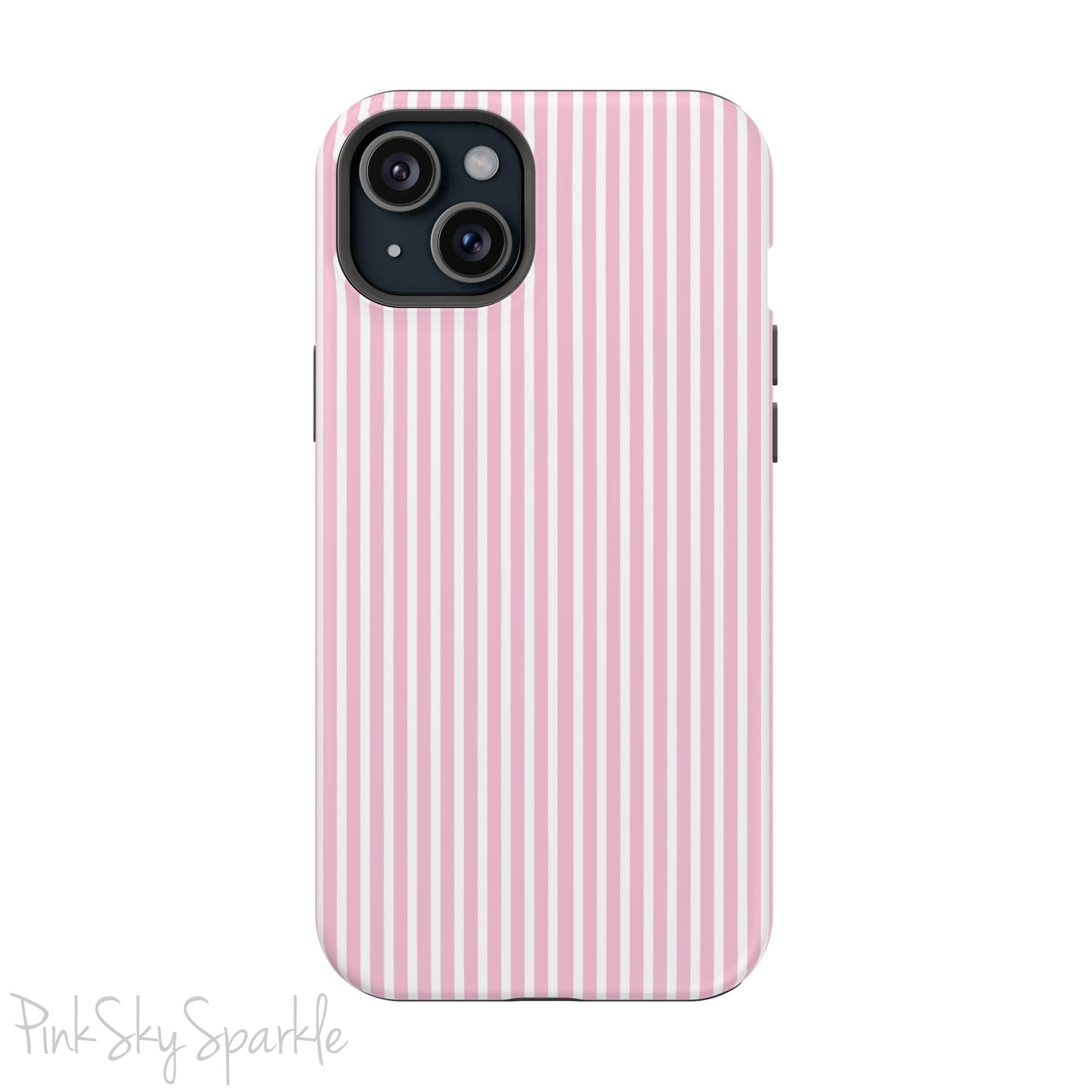 Pink Pinstripe Magnetic iPhone Case with soft pink and white stripes, a sleek and chic design for iPhone models 13, 14, 15, and 16.