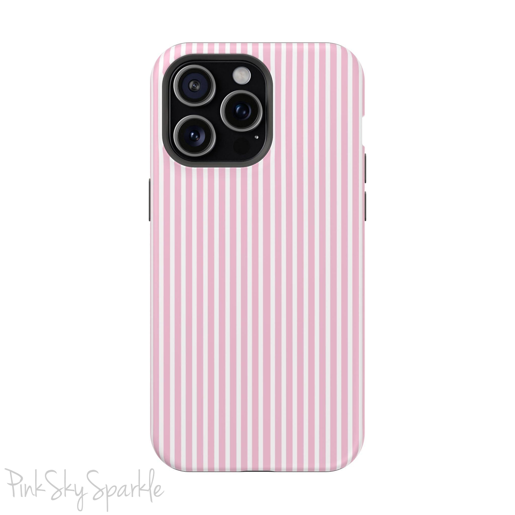 Pink Pinstripe Magnetic iPhone Case with soft pink and white stripes, a sleek and chic design for iPhone models 13, 14, 15, and 16.