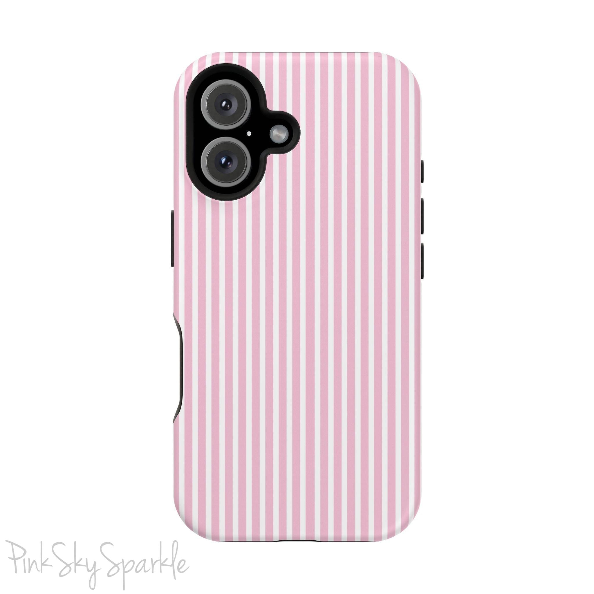 Pink Pinstripe Magnetic iPhone Case with soft pink and white stripes, a sleek and chic design for iPhone models 13, 14, 15, and 16.