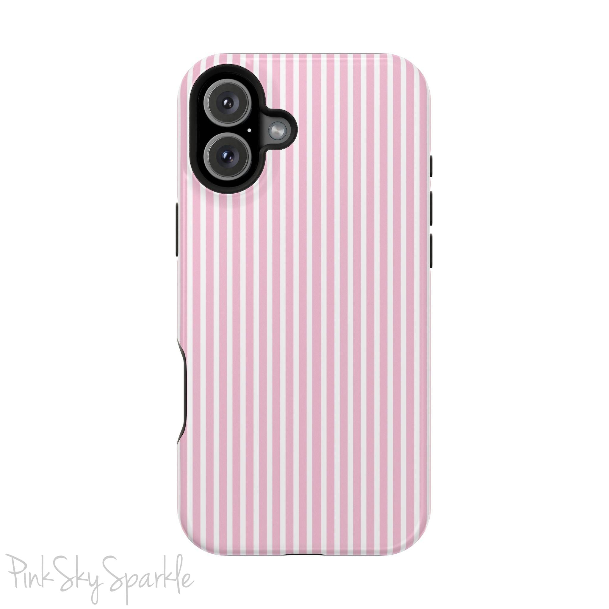Pink Pinstripe Magnetic iPhone Case with soft pink and white stripes, a sleek and chic design for iPhone models 13, 14, 15, and 16.
