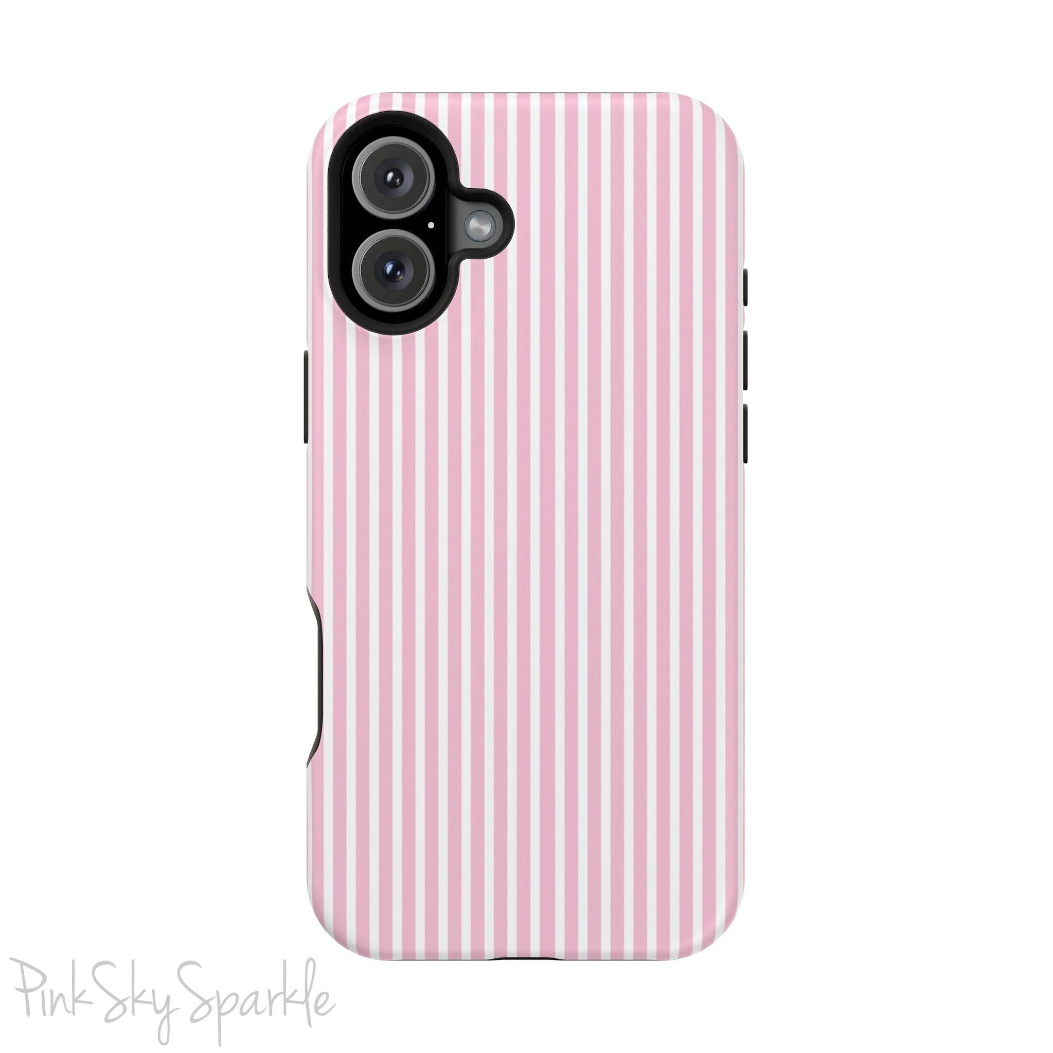 Pink Pinstripe Magnetic iPhone Case with soft pink and white stripes, a sleek and chic design for iPhone models 13, 14, 15, and 16.
