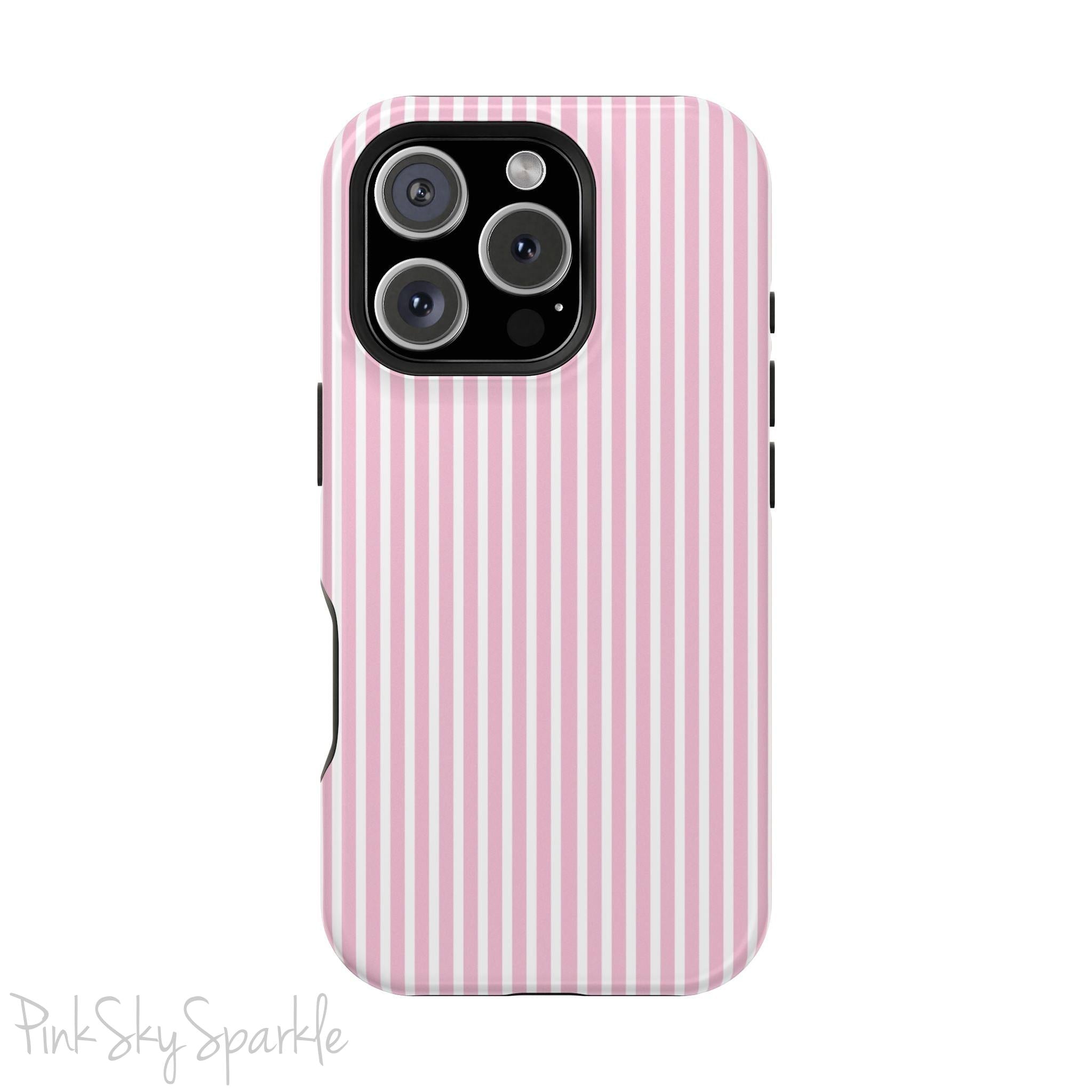 Pink Pinstripe Magnetic iPhone Case with soft pink and white stripes, a sleek and chic design for iPhone models 13, 14, 15, and 16.