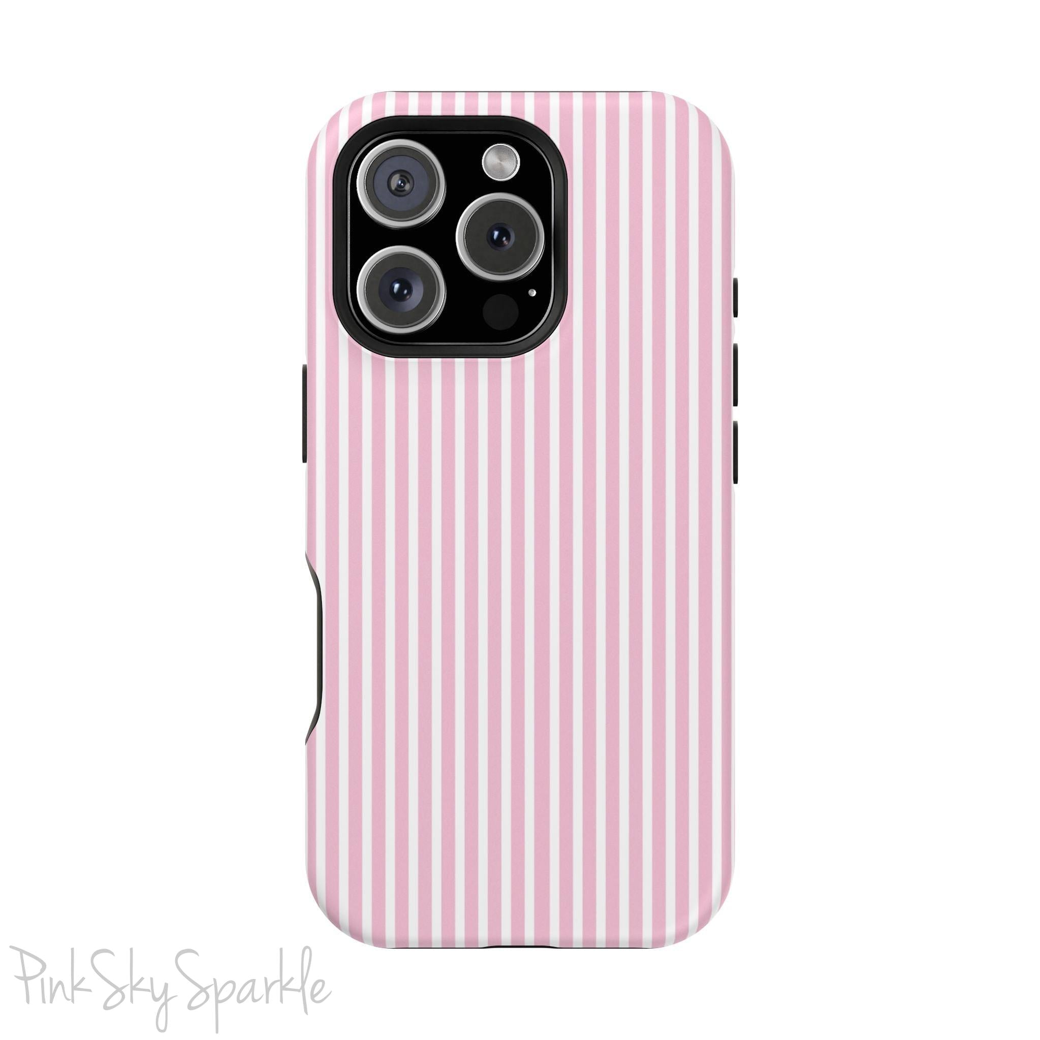 Pink Pinstripe Magnetic iPhone Case with soft pink and white stripes, a sleek and chic design for iPhone models 13, 14, 15, and 16.
