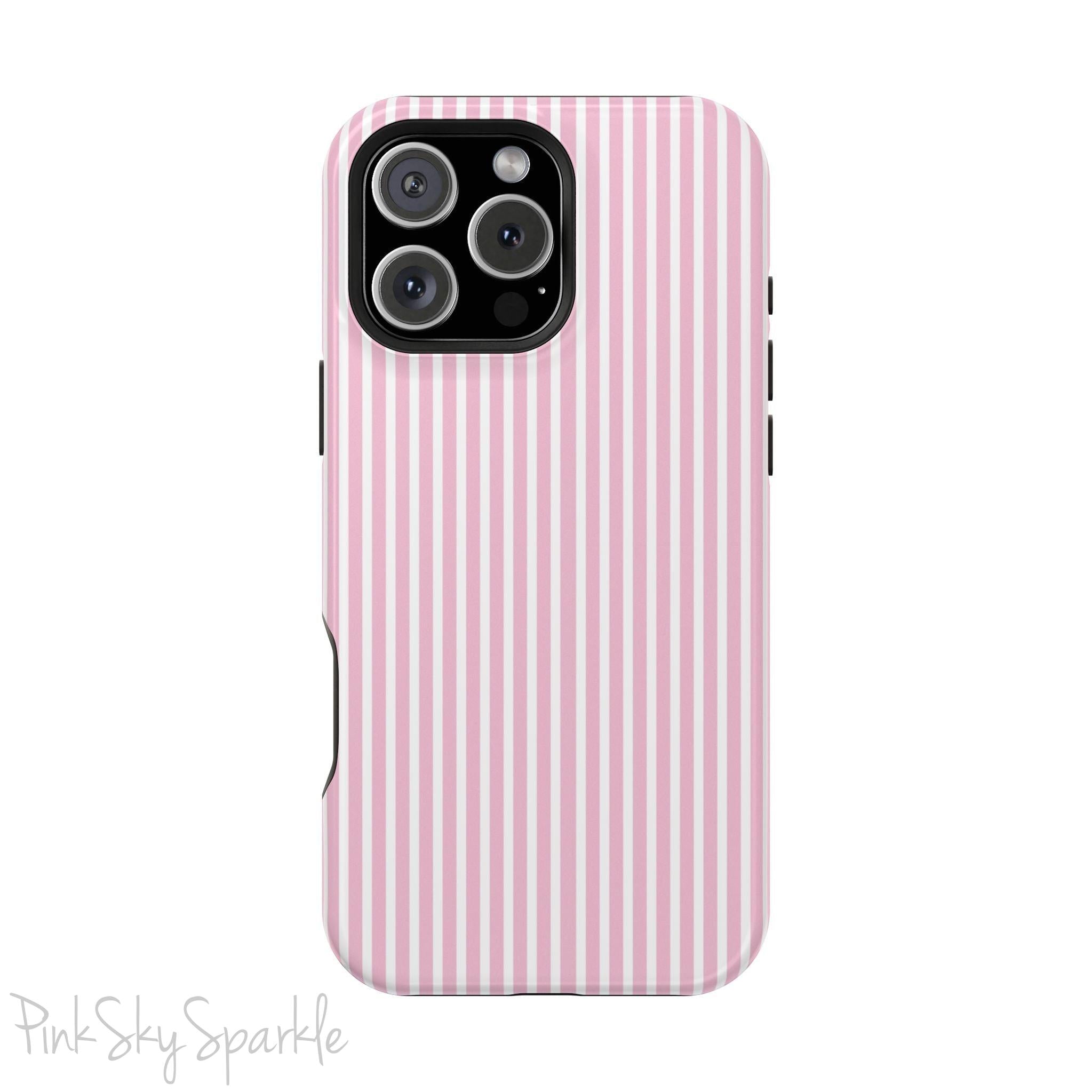 Pink Pinstripe Magnetic iPhone Case with soft pink and white stripes, a sleek and chic design for iPhone models 13, 14, 15, and 16.
