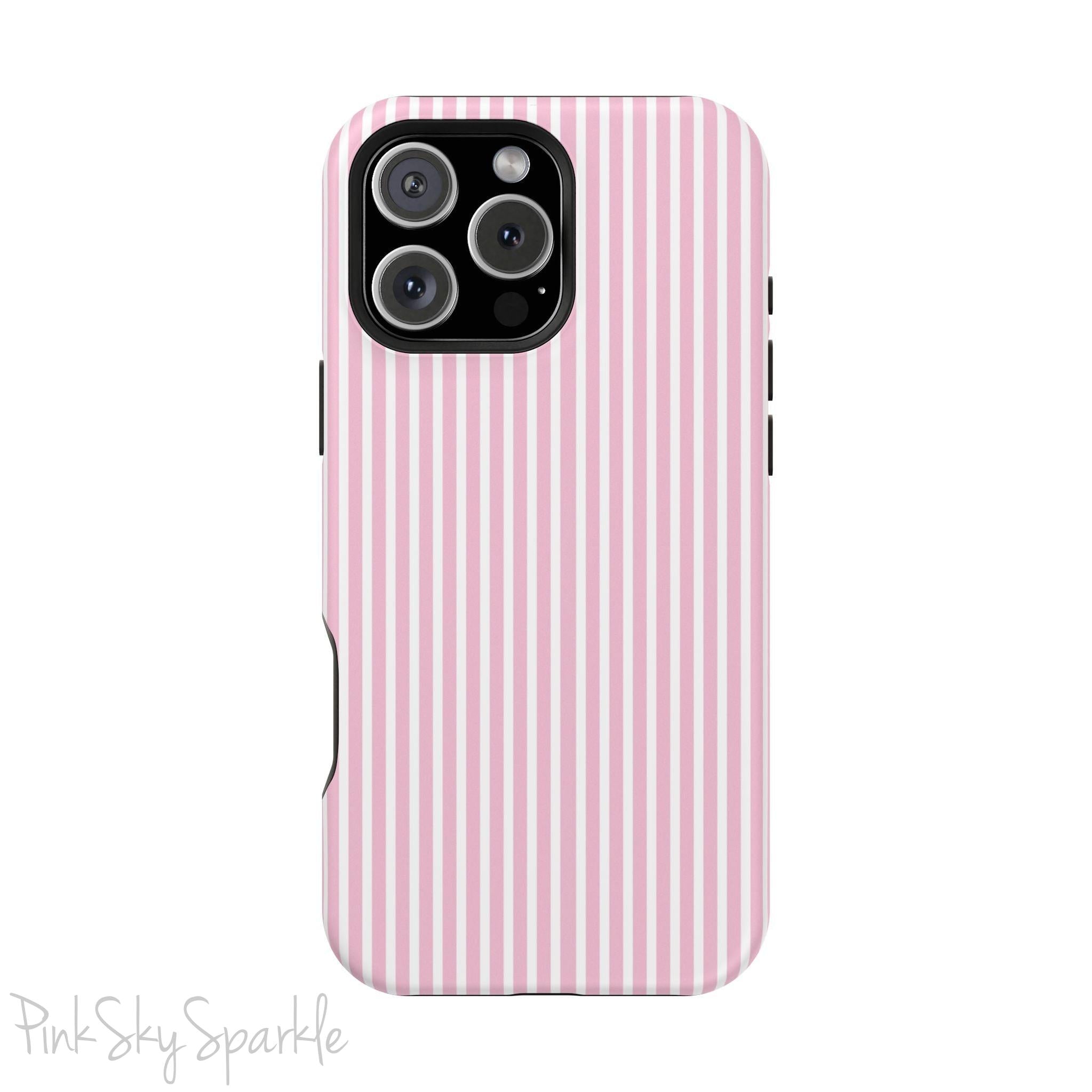 Pink Pinstripe Magnetic iPhone Case with soft pink and white stripes, a sleek and chic design for iPhone models 13, 14, 15, and 16.