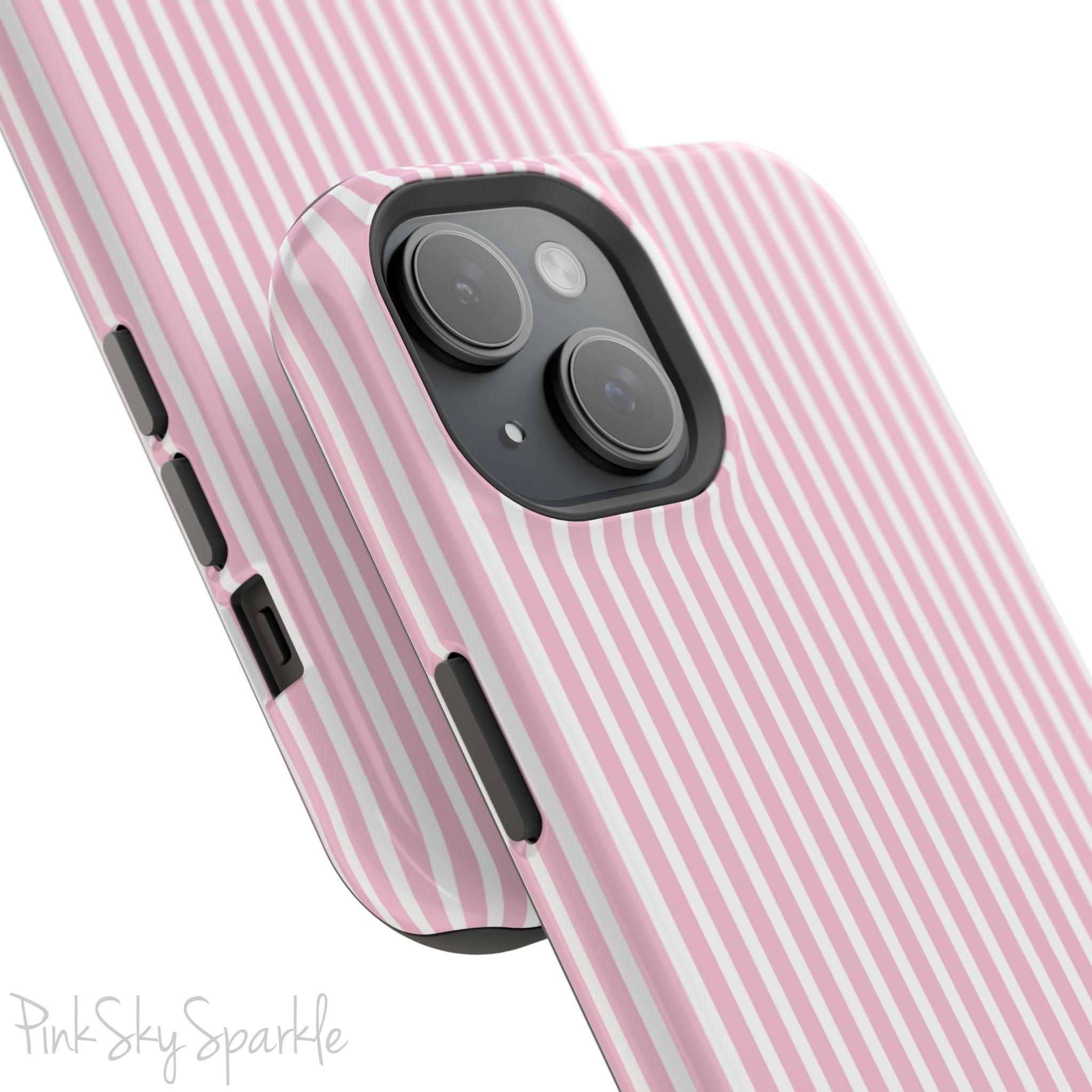 Pink Pinstripe Magnetic iPhone Case with soft pink and white stripes, a sleek and chic design for iPhone models 13, 14, 15, and 16.