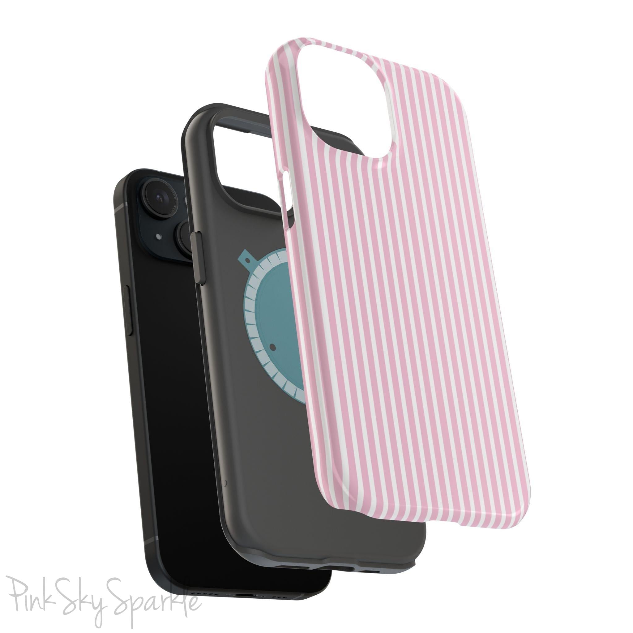 Pink Pinstripe Magnetic iPhone Case with soft pink and white stripes, a sleek and chic design for iPhone models 13, 14, 15, and 16.