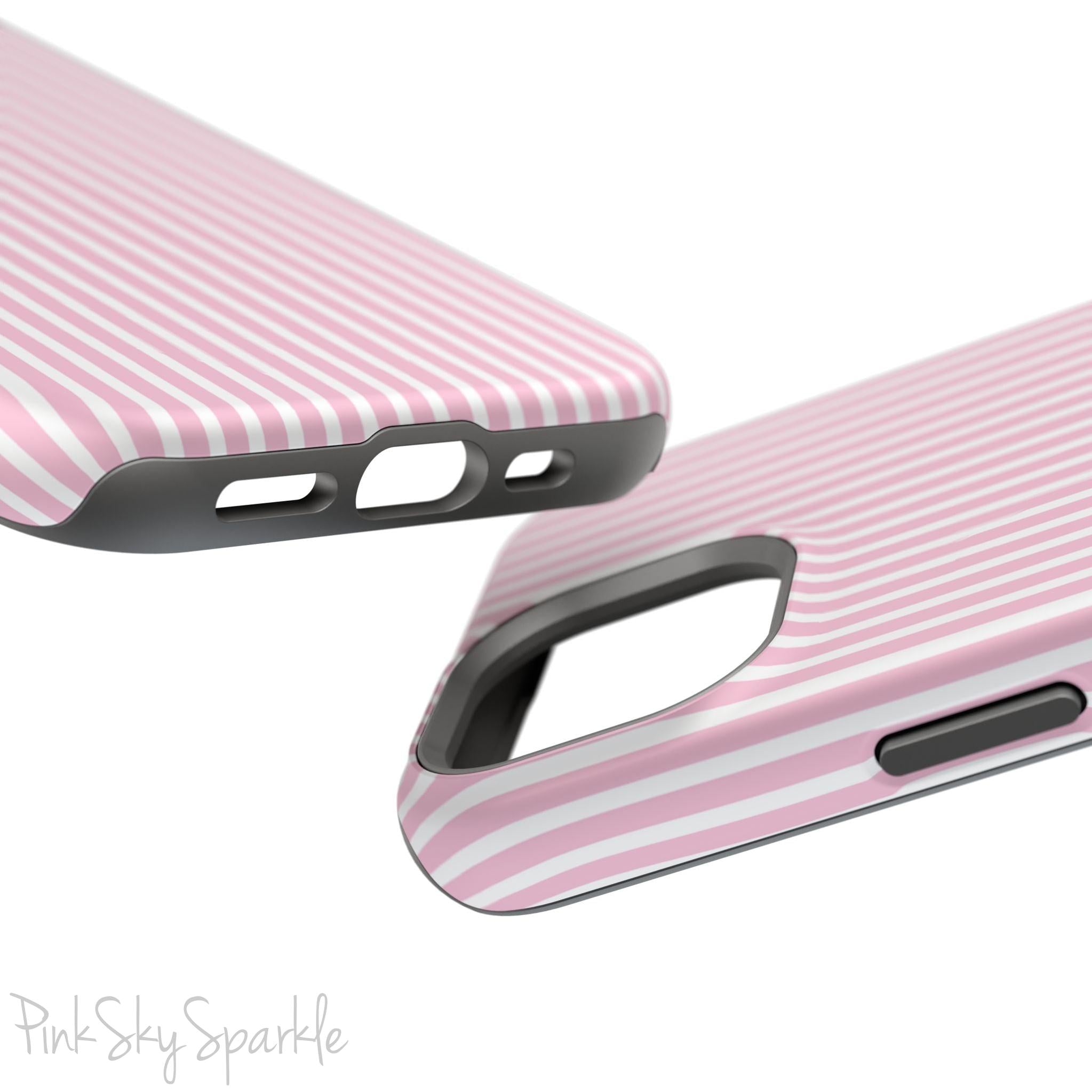 Pink Pinstripe Magnetic iPhone Case with soft pink and white stripes, a sleek and chic design for iPhone models 13, 14, 15, and 16.