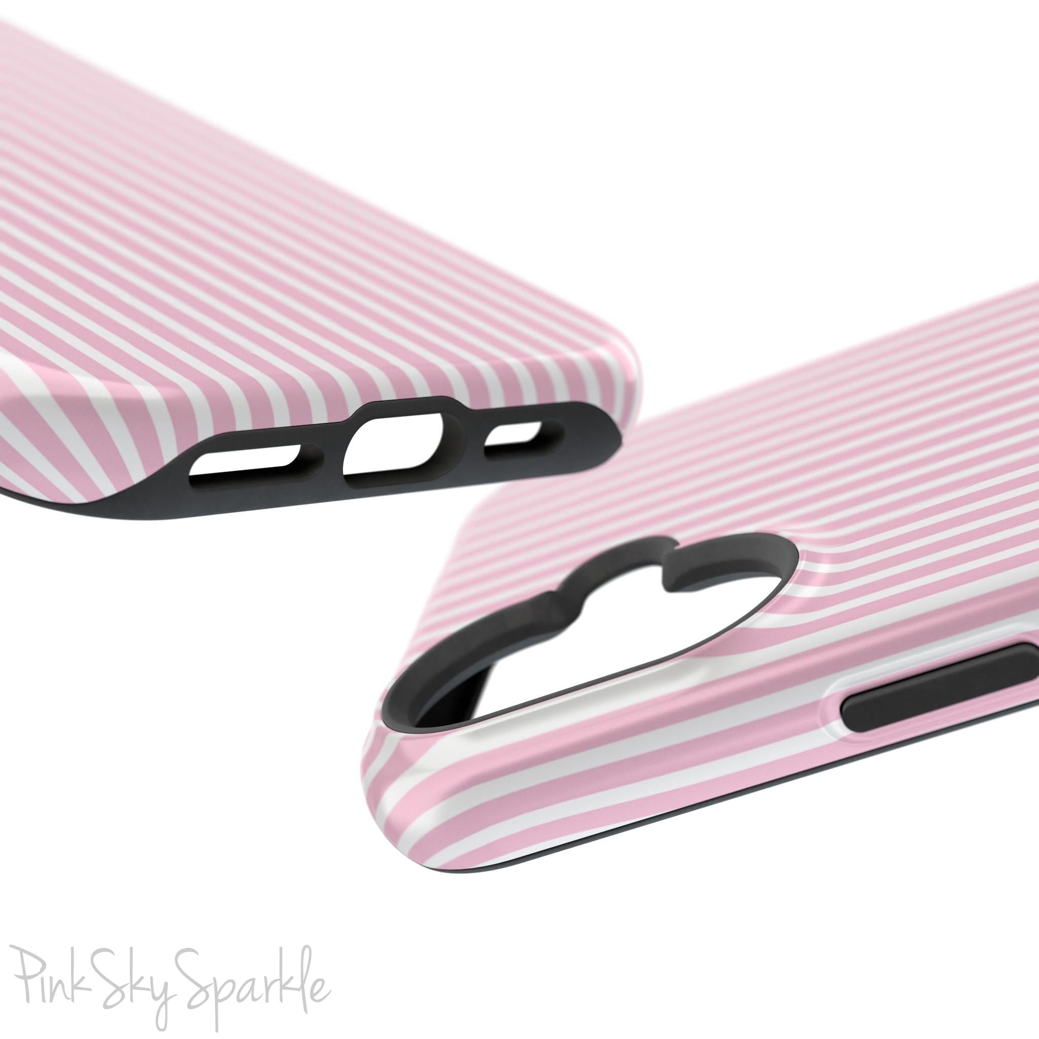 Pink Pinstripe Magnetic iPhone Case with soft pink and white stripes, a sleek and chic design for iPhone models 13, 14, 15, and 16.