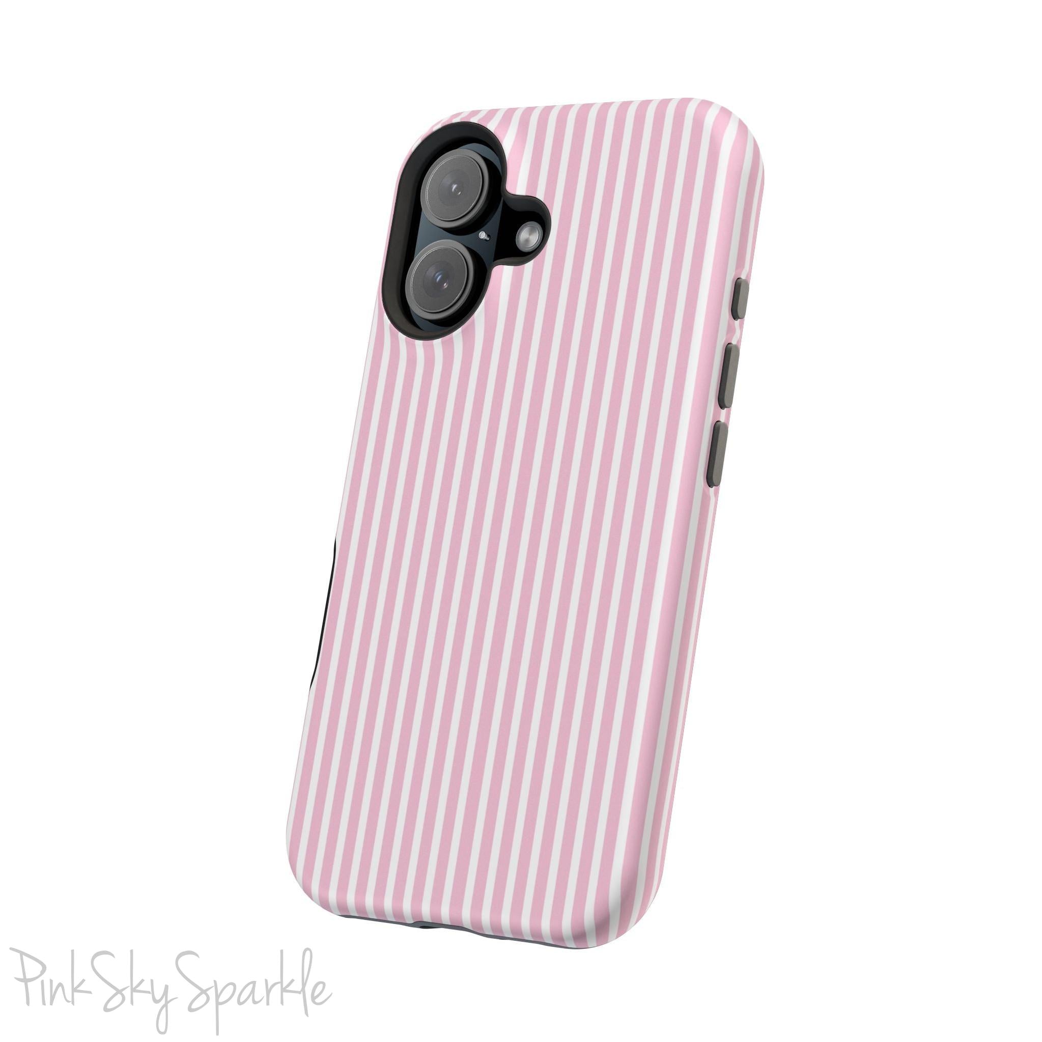 Pink Pinstripe Magnetic iPhone Case with soft pink and white stripes, a sleek and chic design for iPhone models 13, 14, 15, and 16.