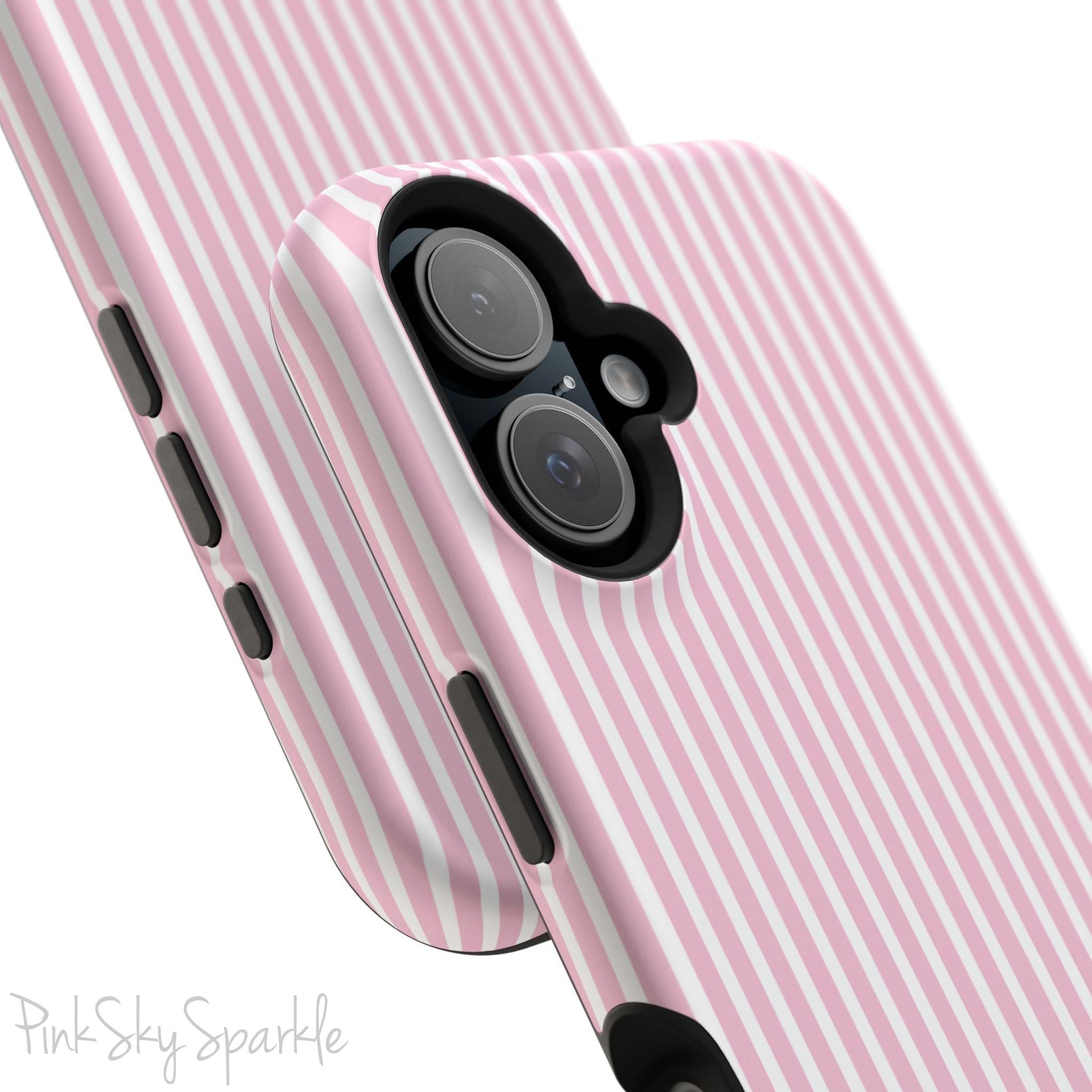 Pink Pinstripe Magnetic iPhone Case with soft pink and white stripes, a sleek and chic design for iPhone models 13, 14, 15, and 16.