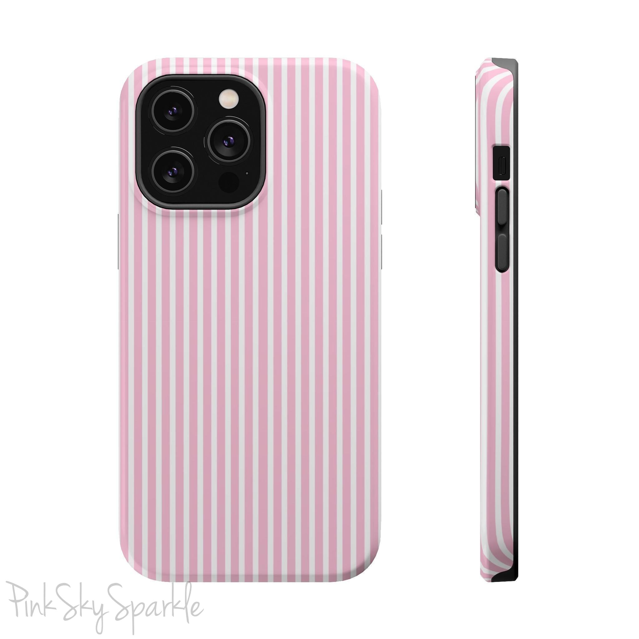 Pink Pinstripe Magnetic iPhone Case with soft pink and white stripes, a sleek and chic design for iPhone models 13, 14, 15, and 16.