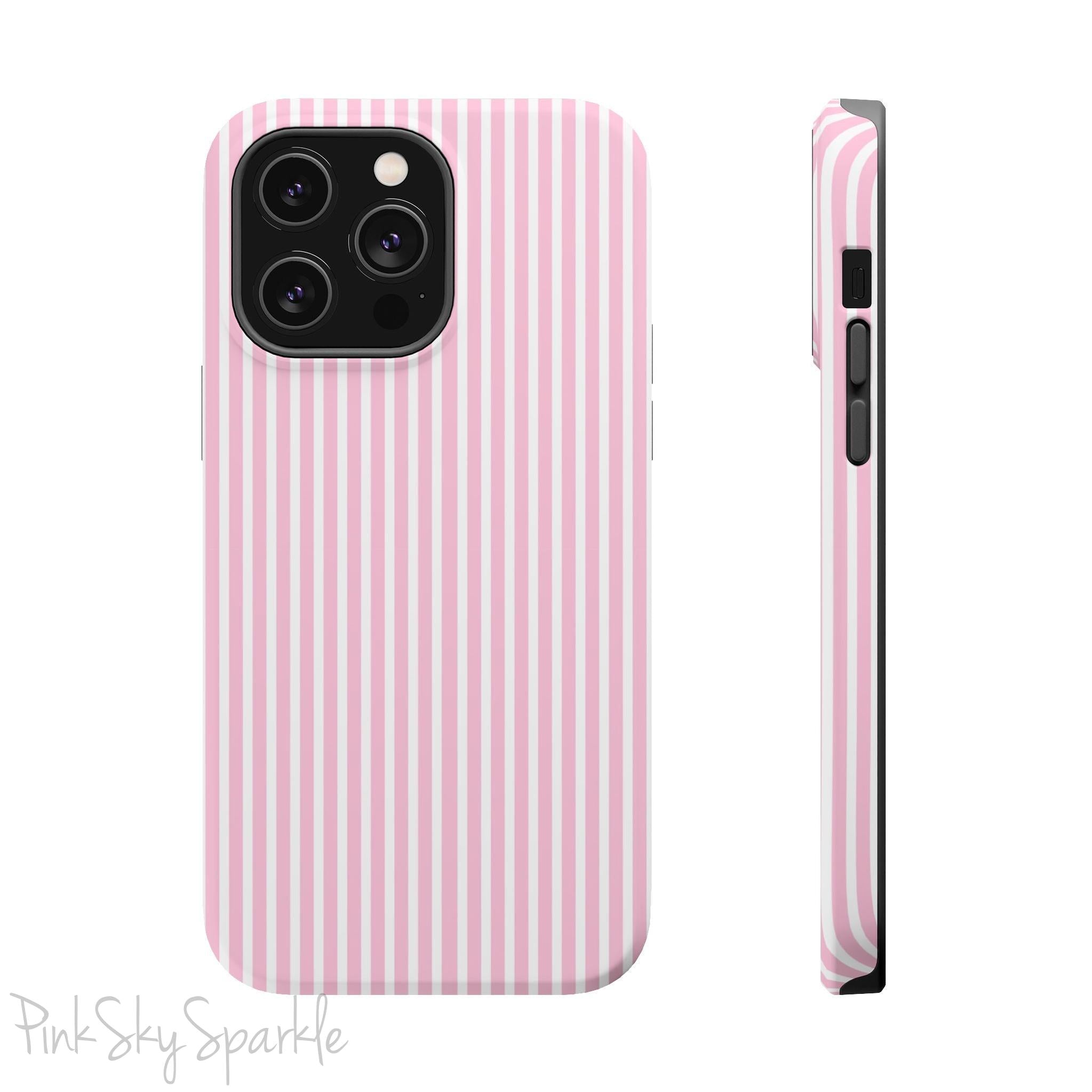 Pink Pinstripe Magnetic iPhone Case with soft pink and white stripes, a sleek and chic design for iPhone models 13, 14, 15, and 16.