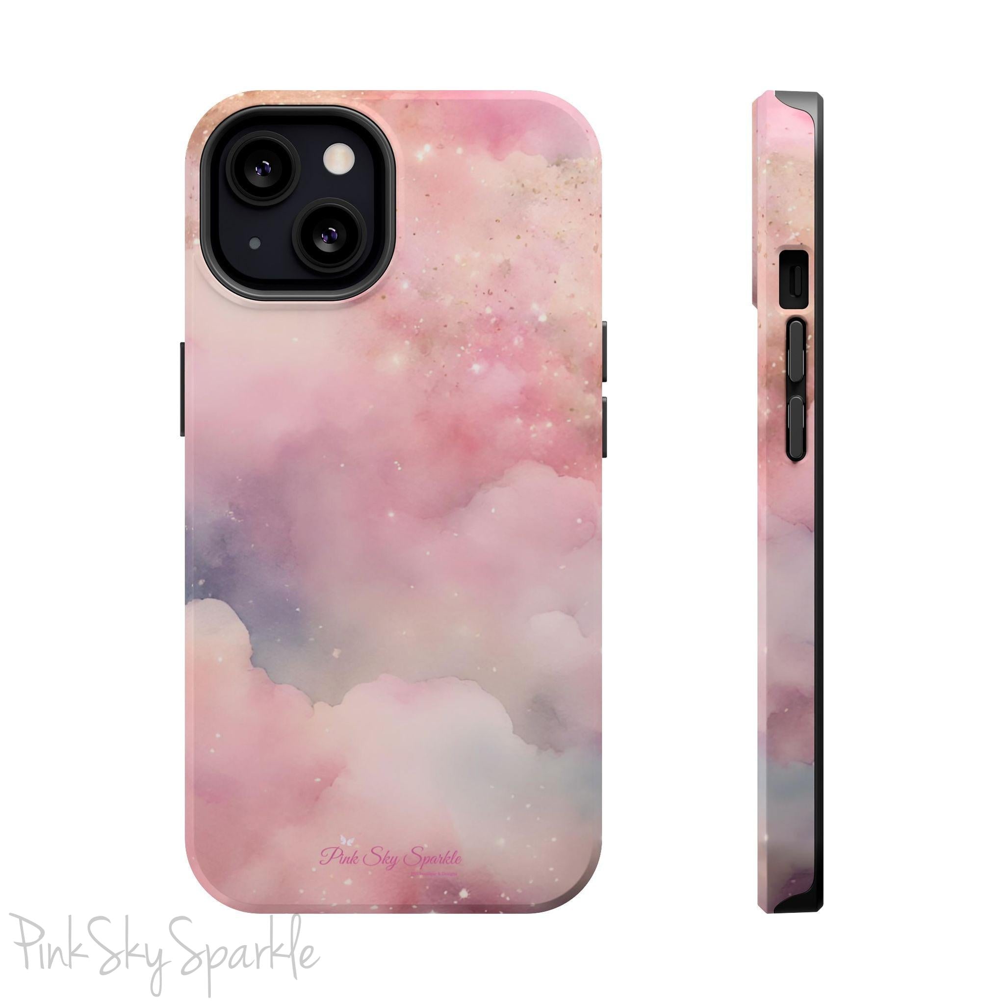 Pink Sky Magic iPhone Case, featuring pink, blue, purple and gold tone clouds.