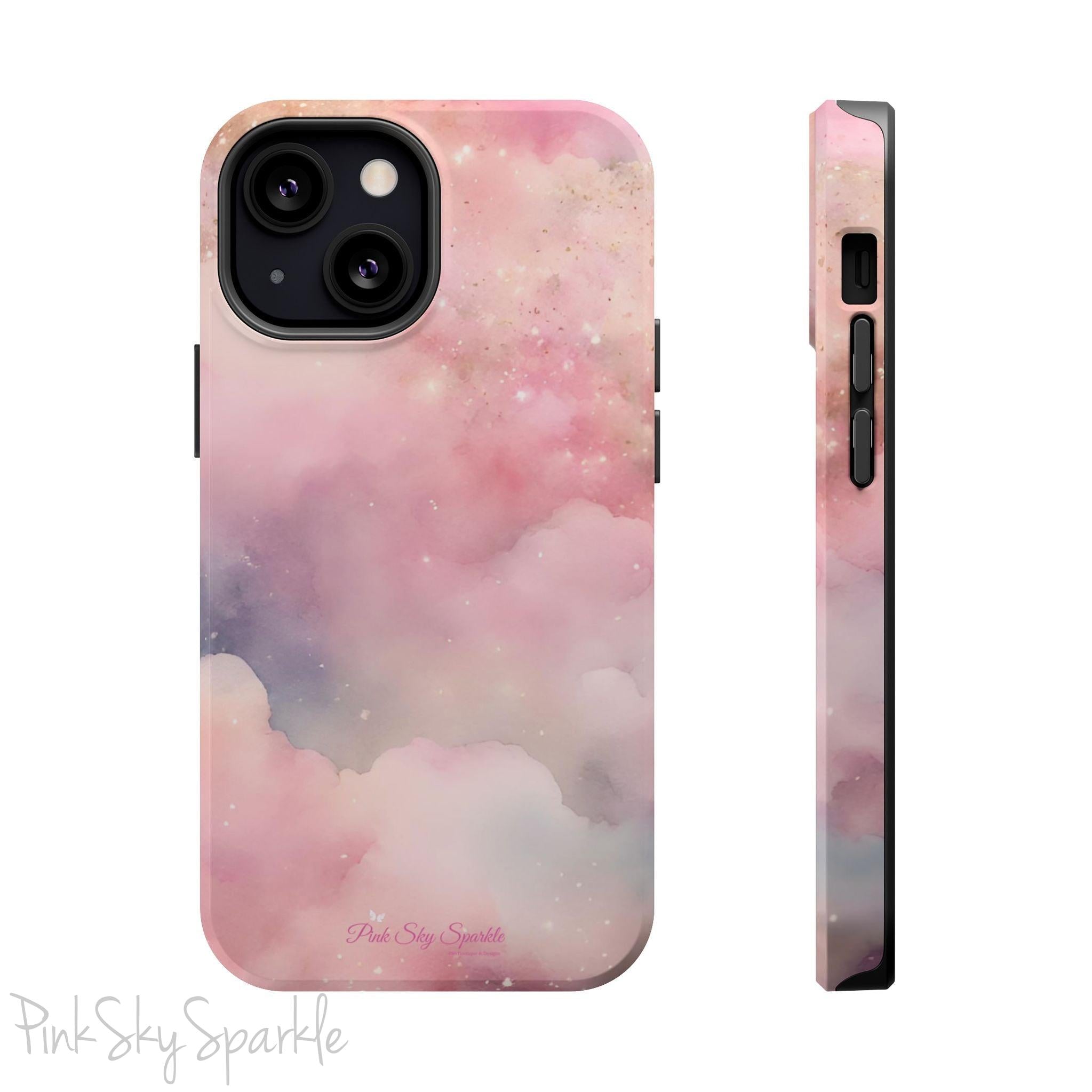 Pink Sky Magic iPhone Case, featuring pink, blue, purple and gold tone clouds.