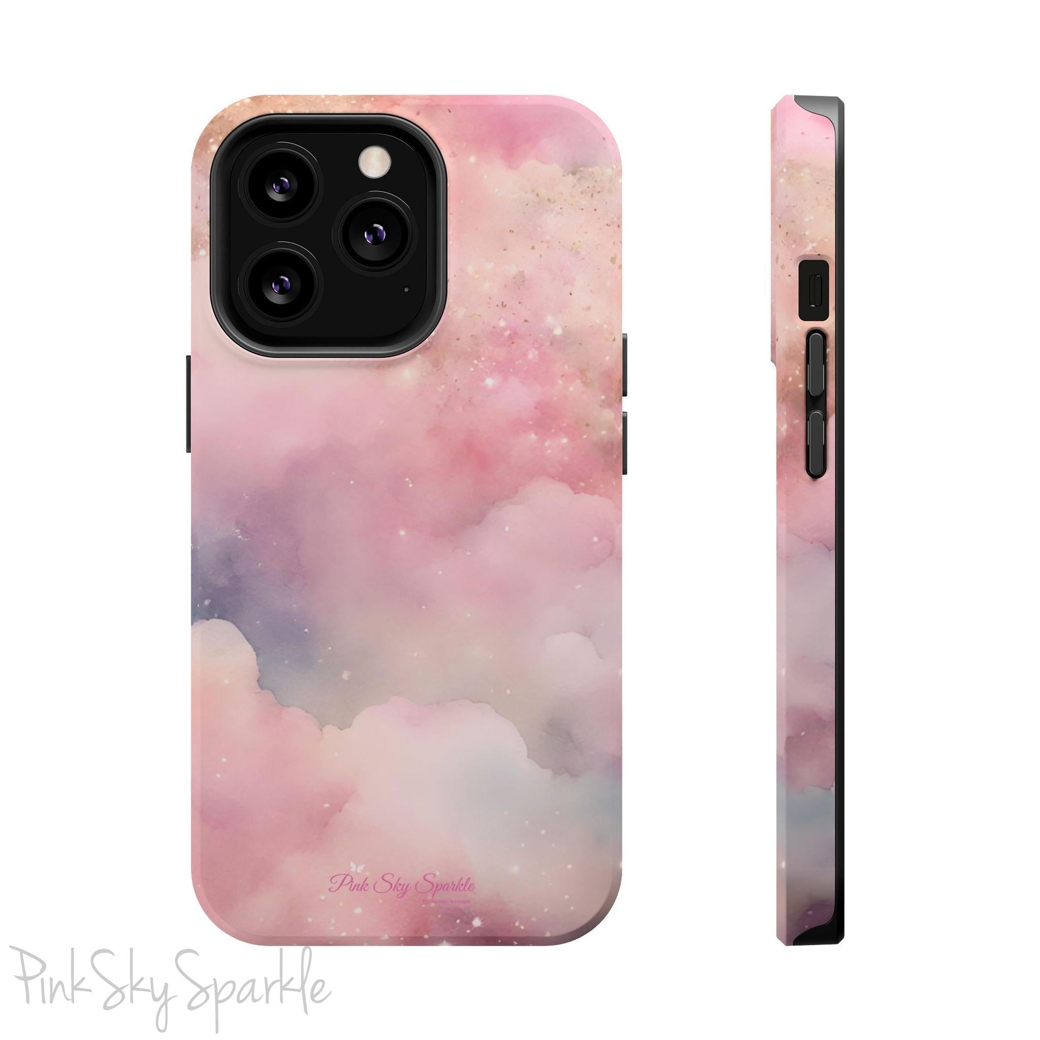 Pink Sky Magic iPhone Case, featuring pink, blue, purple and gold tone clouds.
