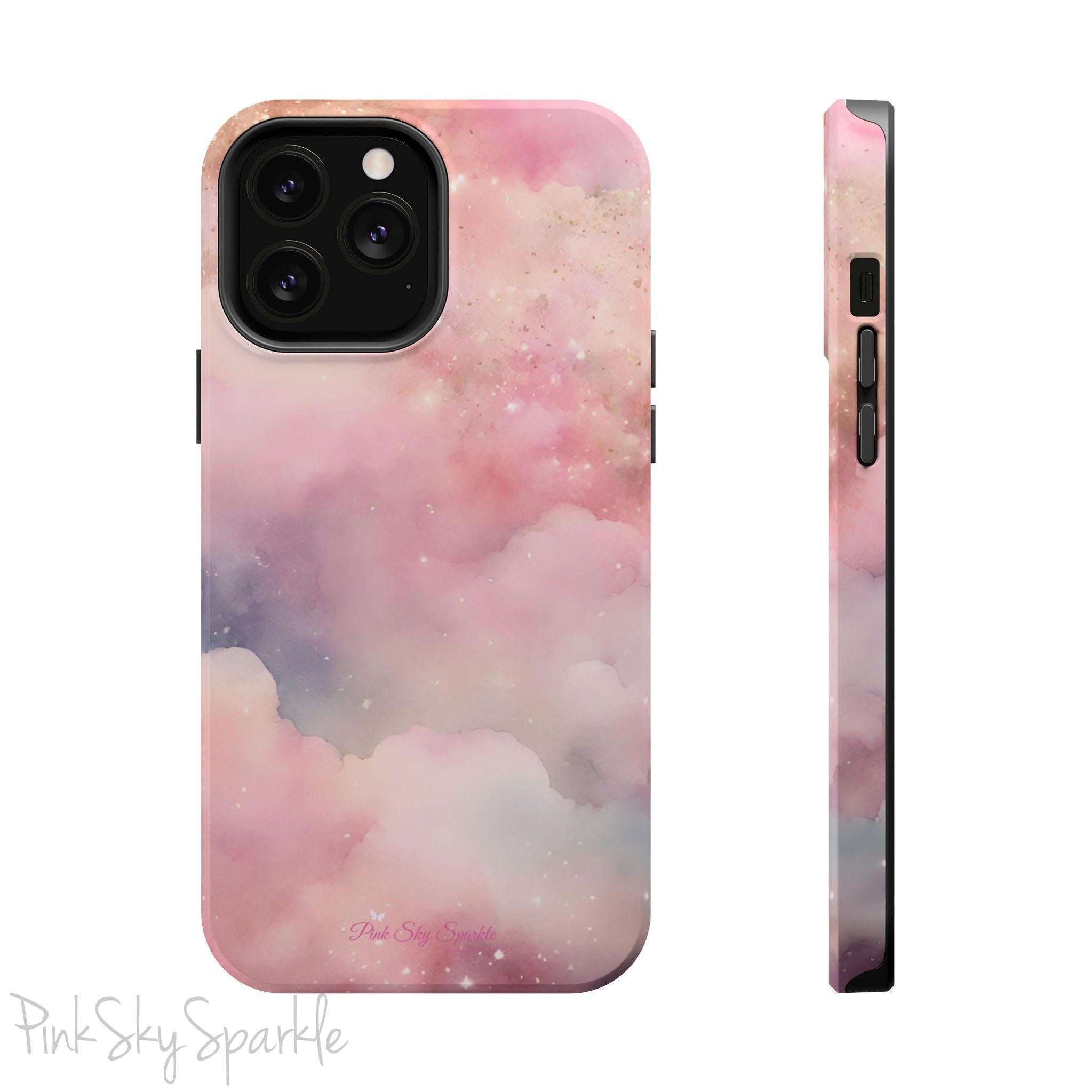 Pink Sky Magic iPhone Case, featuring pink, blue, purple and gold tone clouds.