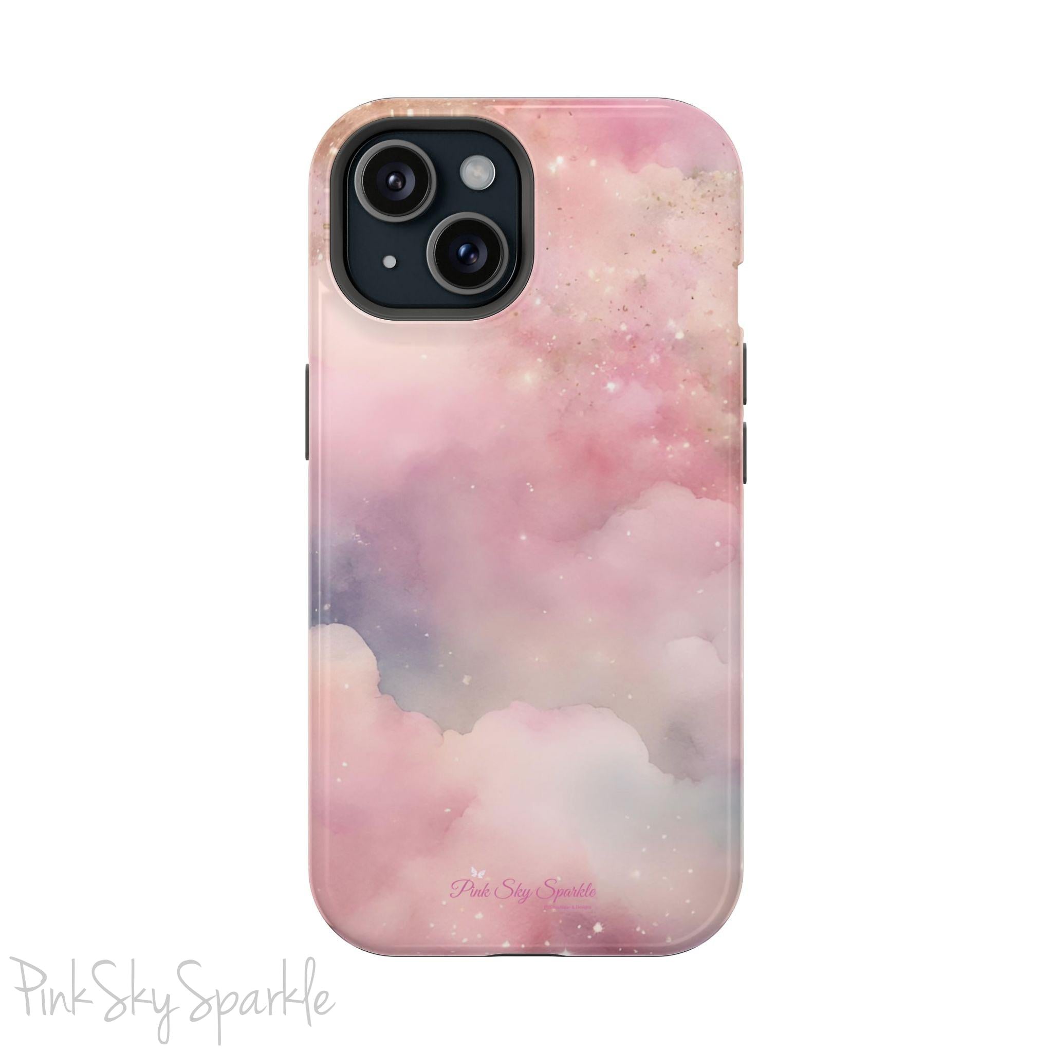 Pink Sky Magic iPhone Case, featuring pink, blue, purple and gold tone clouds.