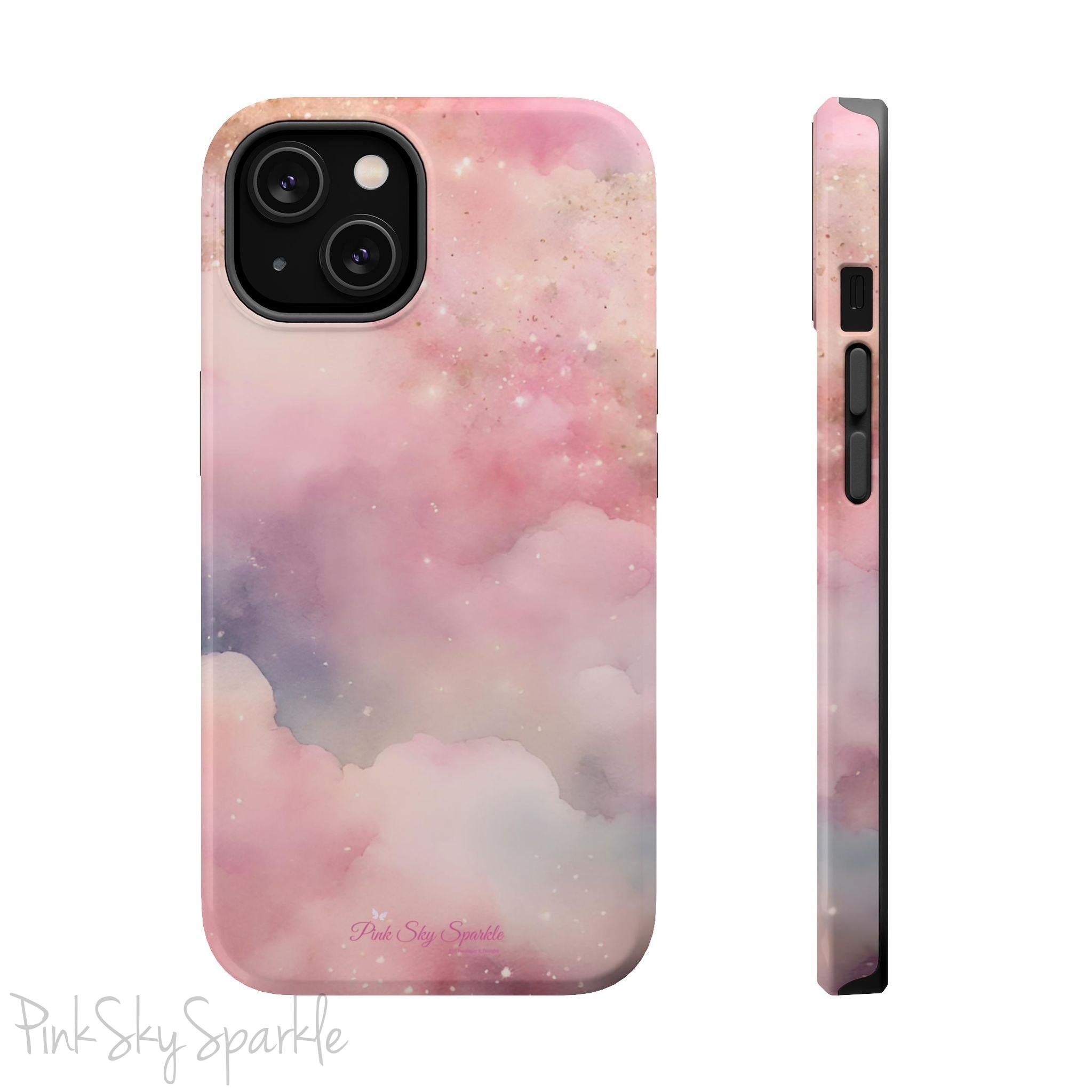 Pink Sky Magic iPhone Case, featuring pink, blue, purple and gold tone clouds.