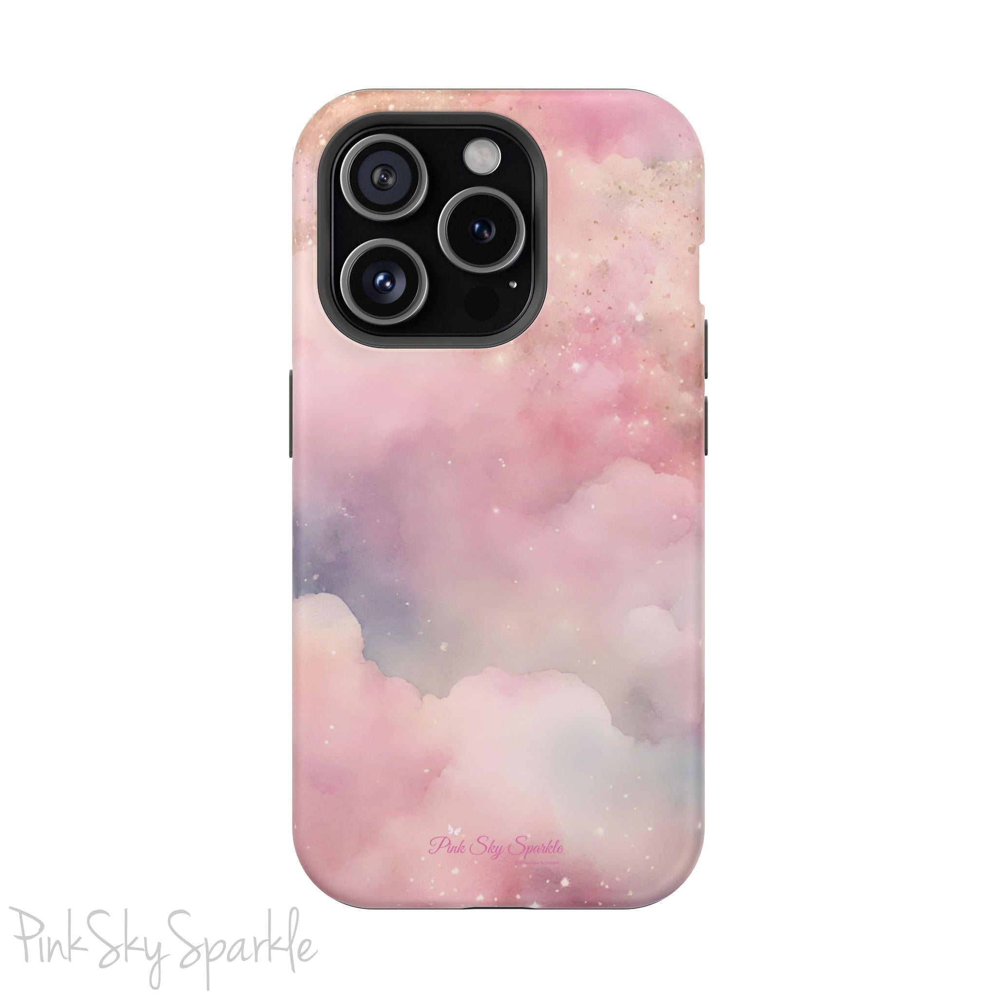 Pink Sky Magic iPhone Case, featuring pink, blue, purple and gold tone clouds.