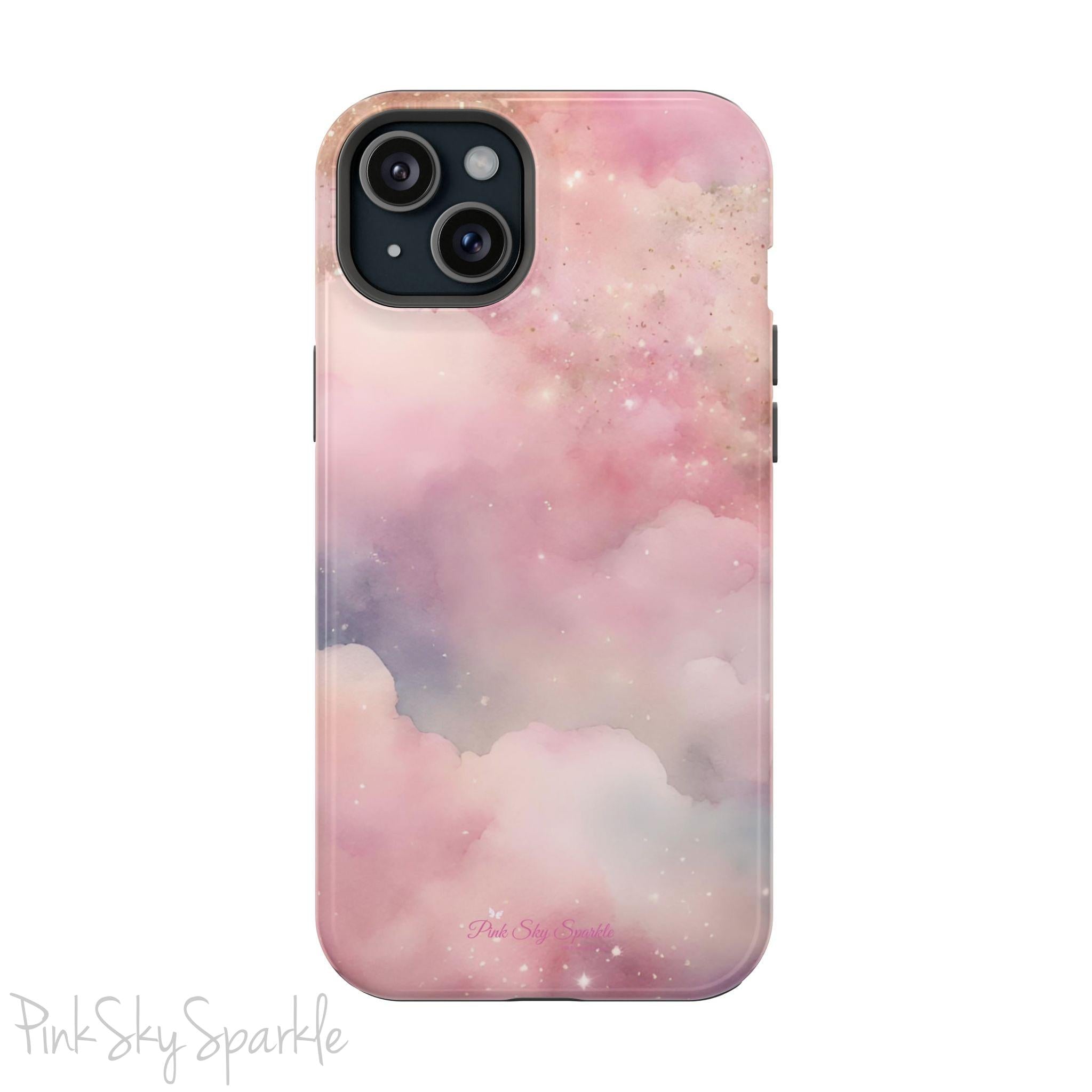Pink Sky Magic iPhone Case, featuring pink, blue, purple and gold tone clouds.