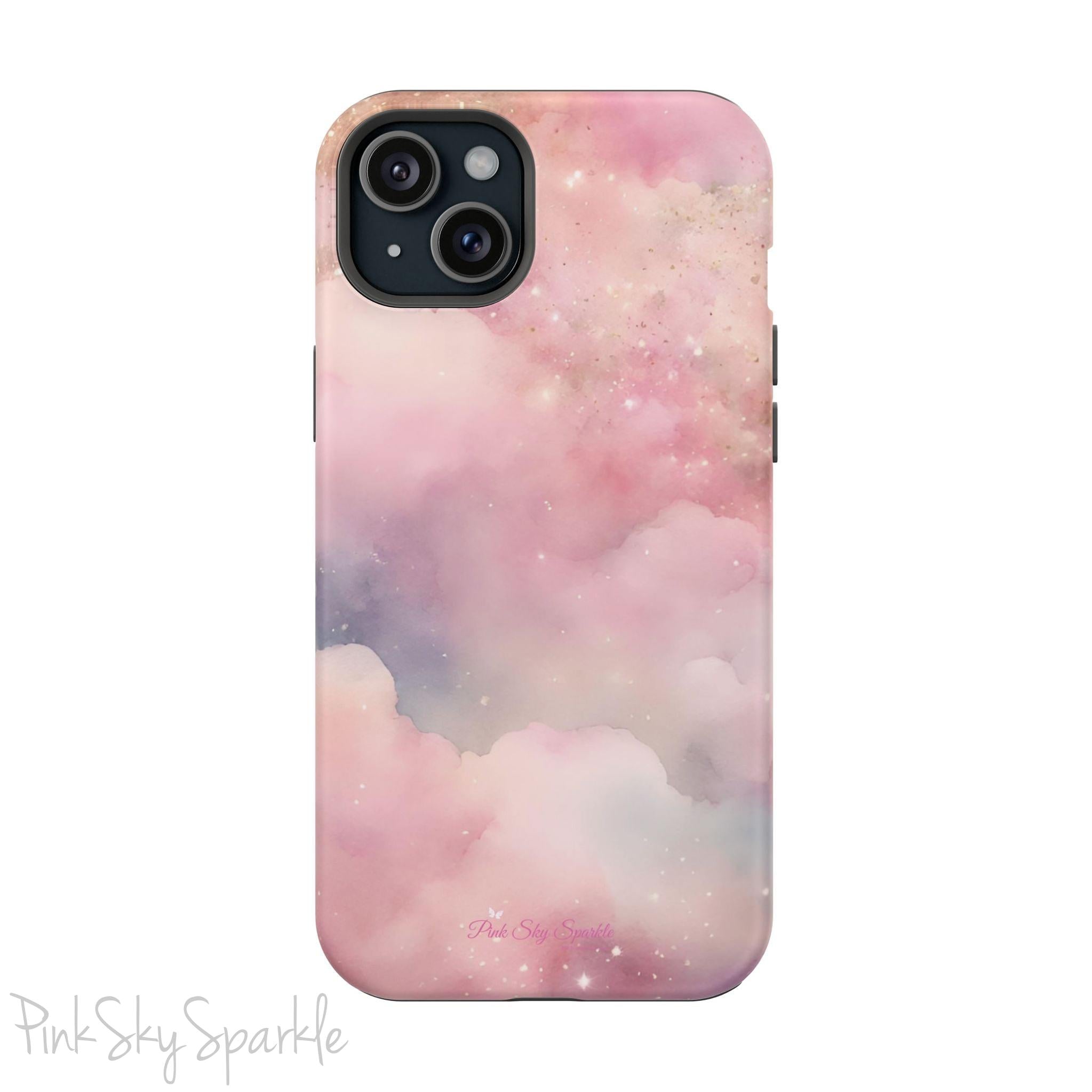 Pink Sky Magic iPhone Case, featuring pink, blue, purple and gold tone clouds.