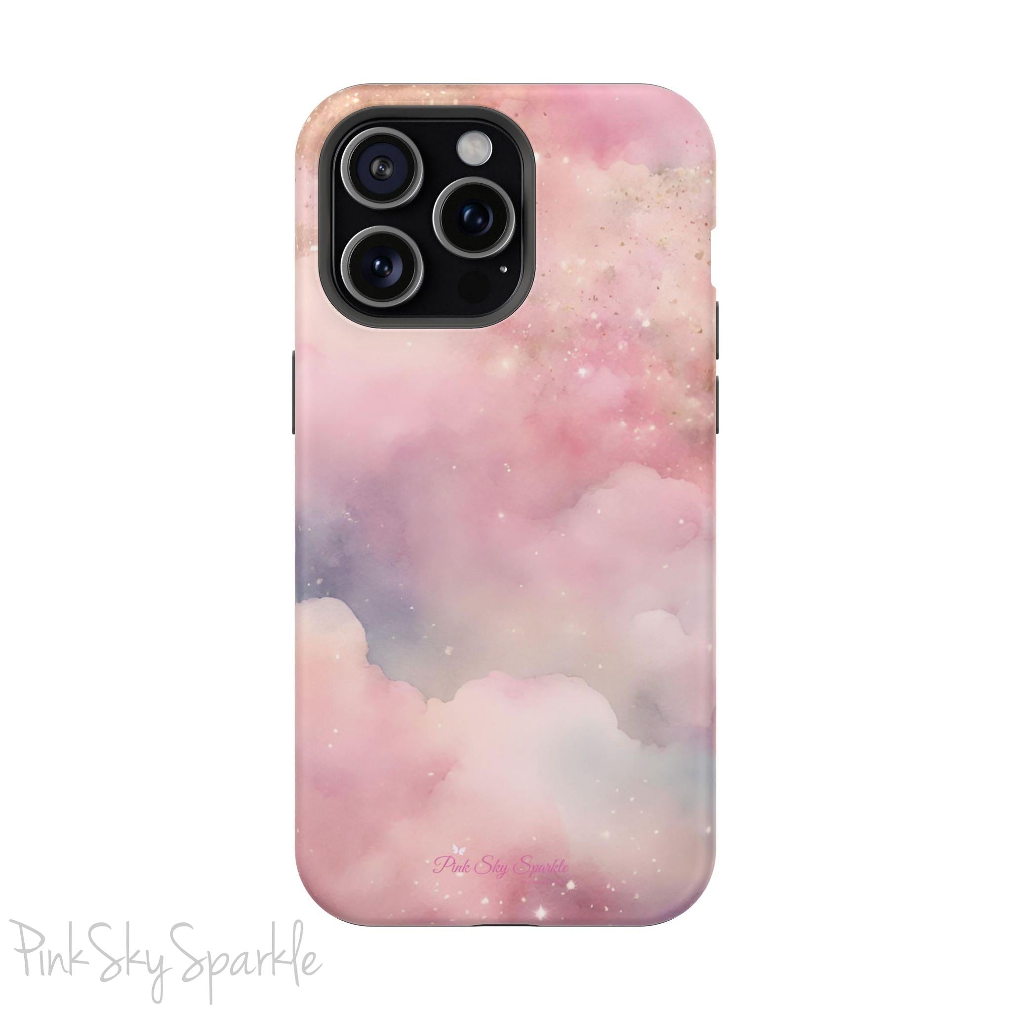 Pink Sky Magic iPhone Case, featuring pink, blue, purple and gold tone clouds.