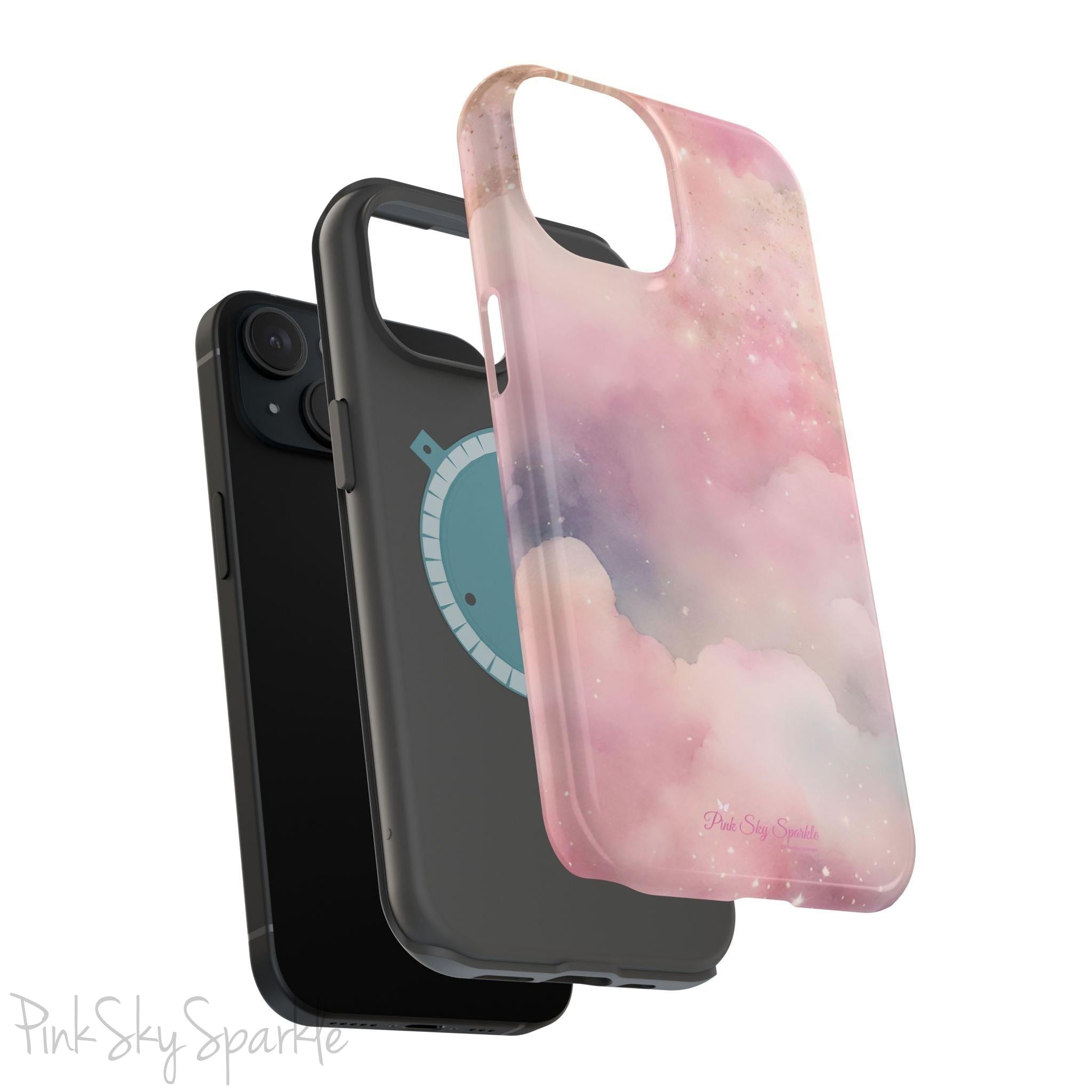 Pink Sky Magic iPhone Case, featuring pink, blue, purple and gold tone clouds.
