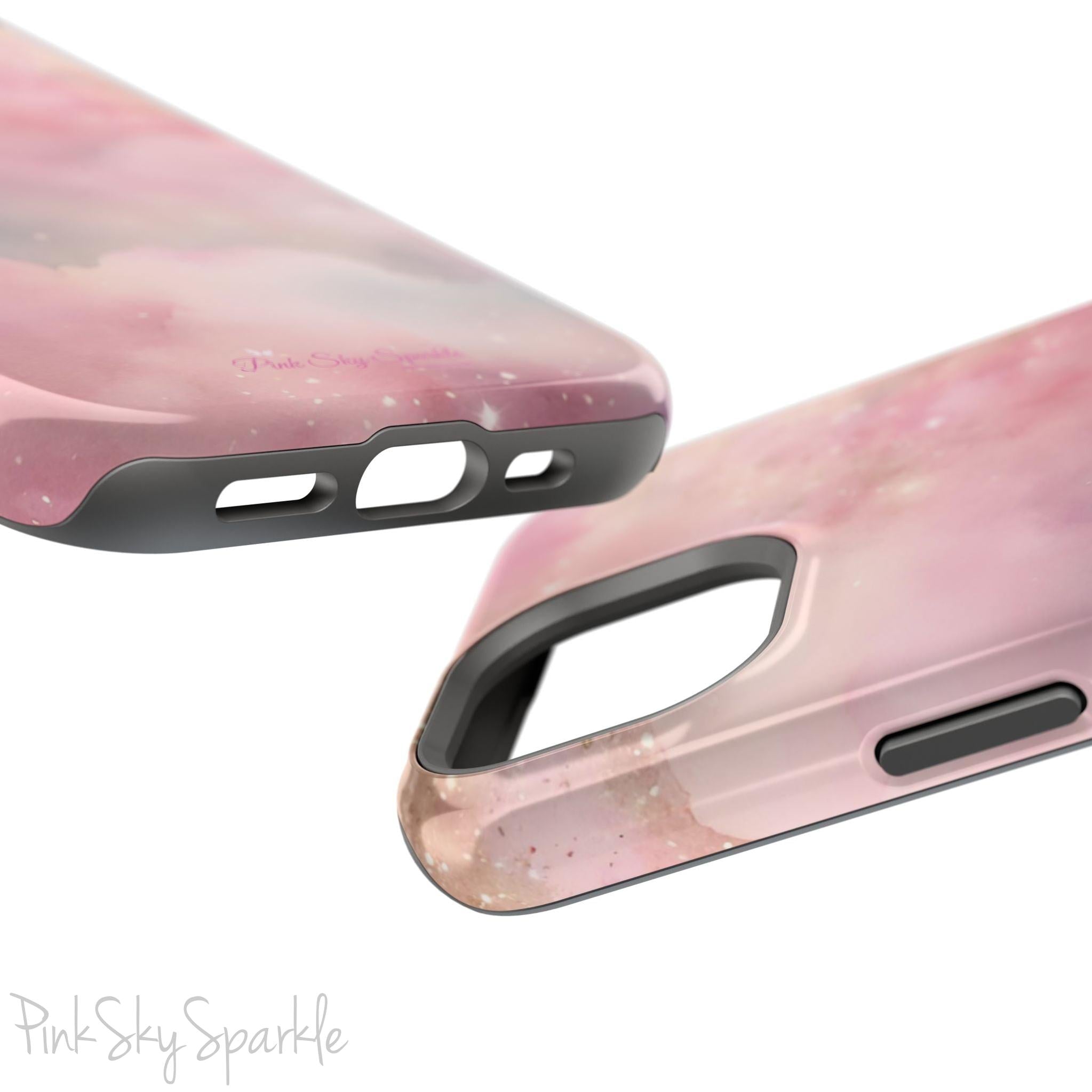 Pink Sky Magic iPhone Case, featuring pink, blue, purple and gold tone clouds.