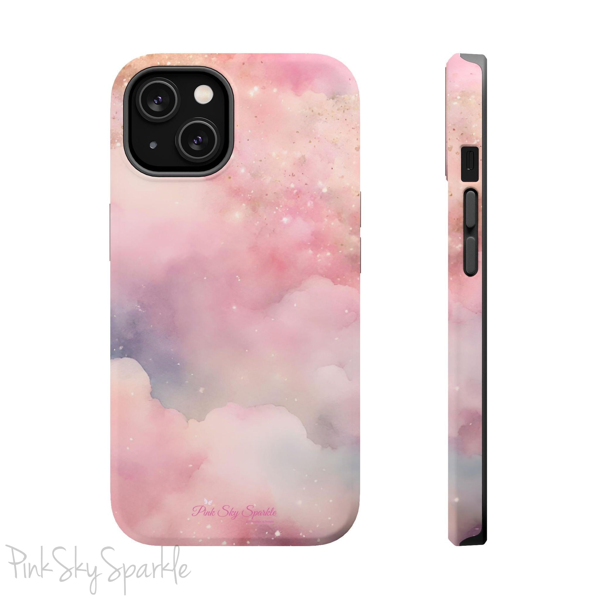 Pink Sky Magic iPhone Case, featuring pink, blue, purple and gold tone clouds.