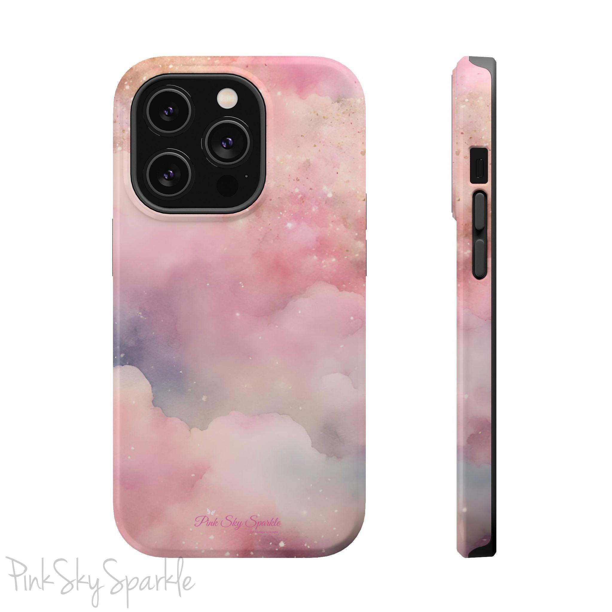 Pink Sky Magic iPhone Case, featuring pink, blue, purple and gold tone clouds.