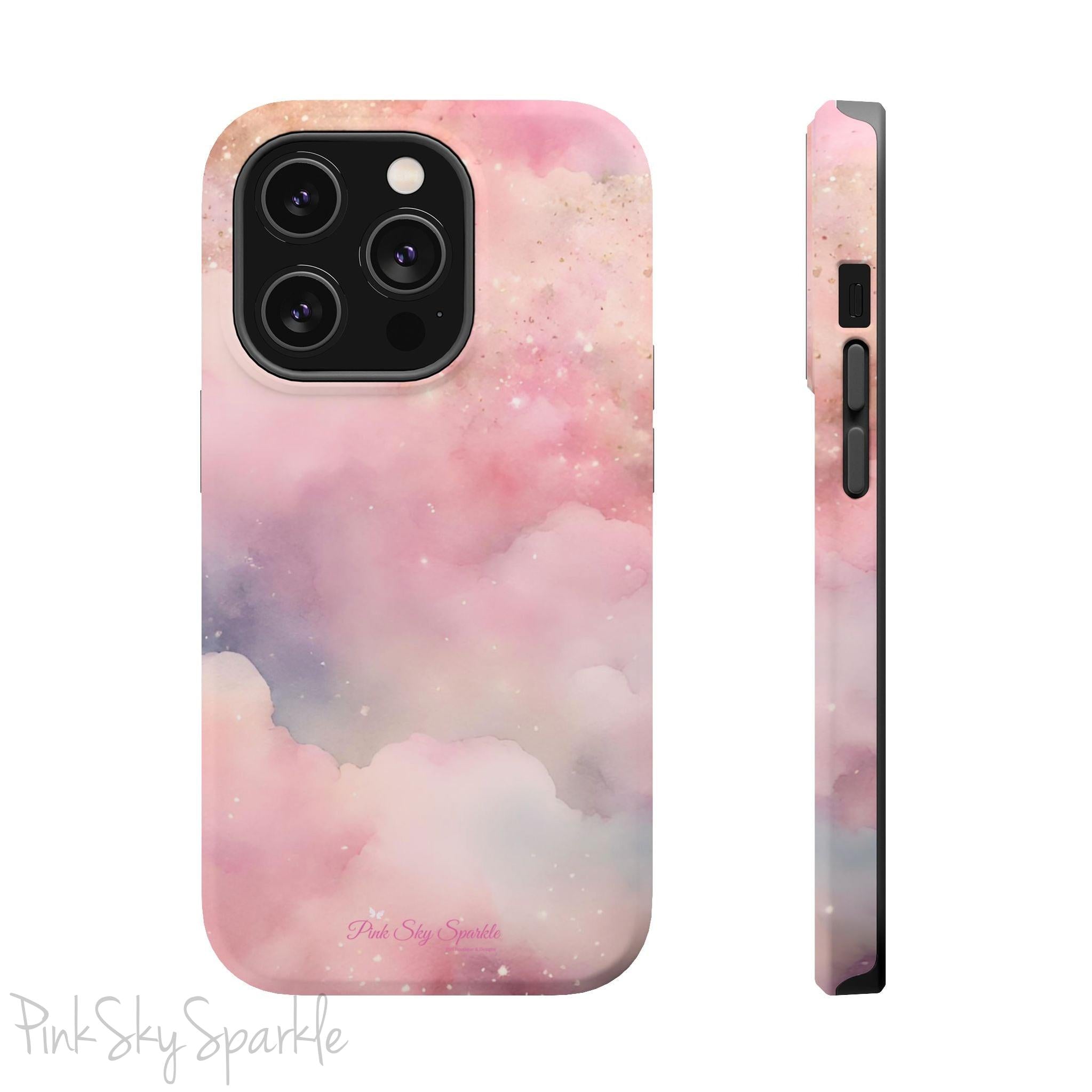 Pink Sky Magic iPhone Case, featuring pink, blue, purple and gold tone clouds.