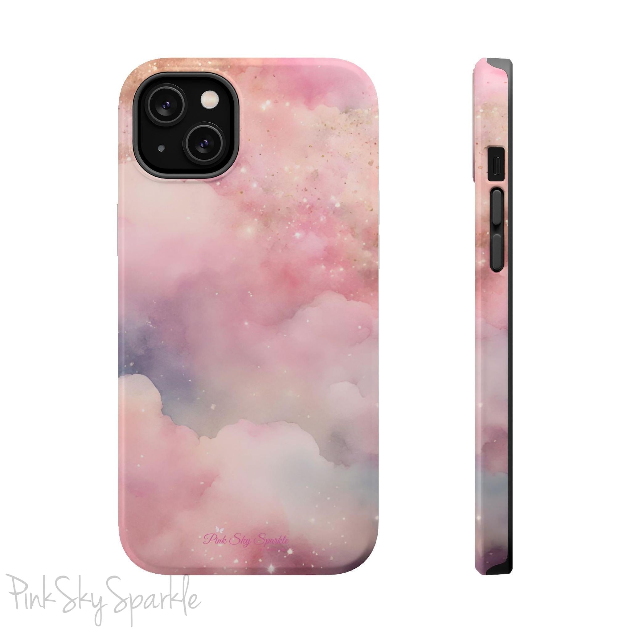 Pink Sky Magic iPhone Case, featuring pink, blue, purple and gold tone clouds.