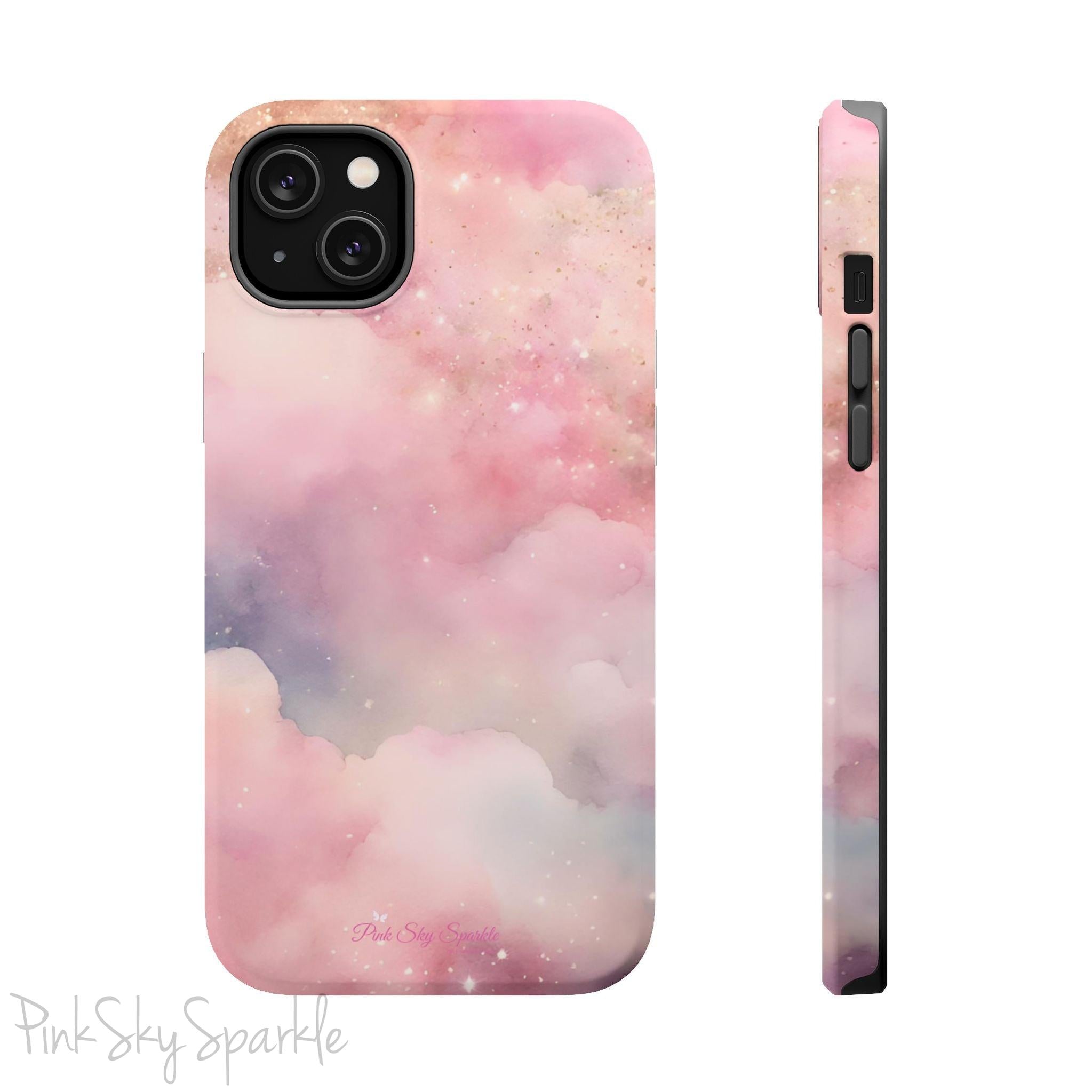 Pink Sky Magic iPhone Case, featuring pink, blue, purple and gold tone clouds.