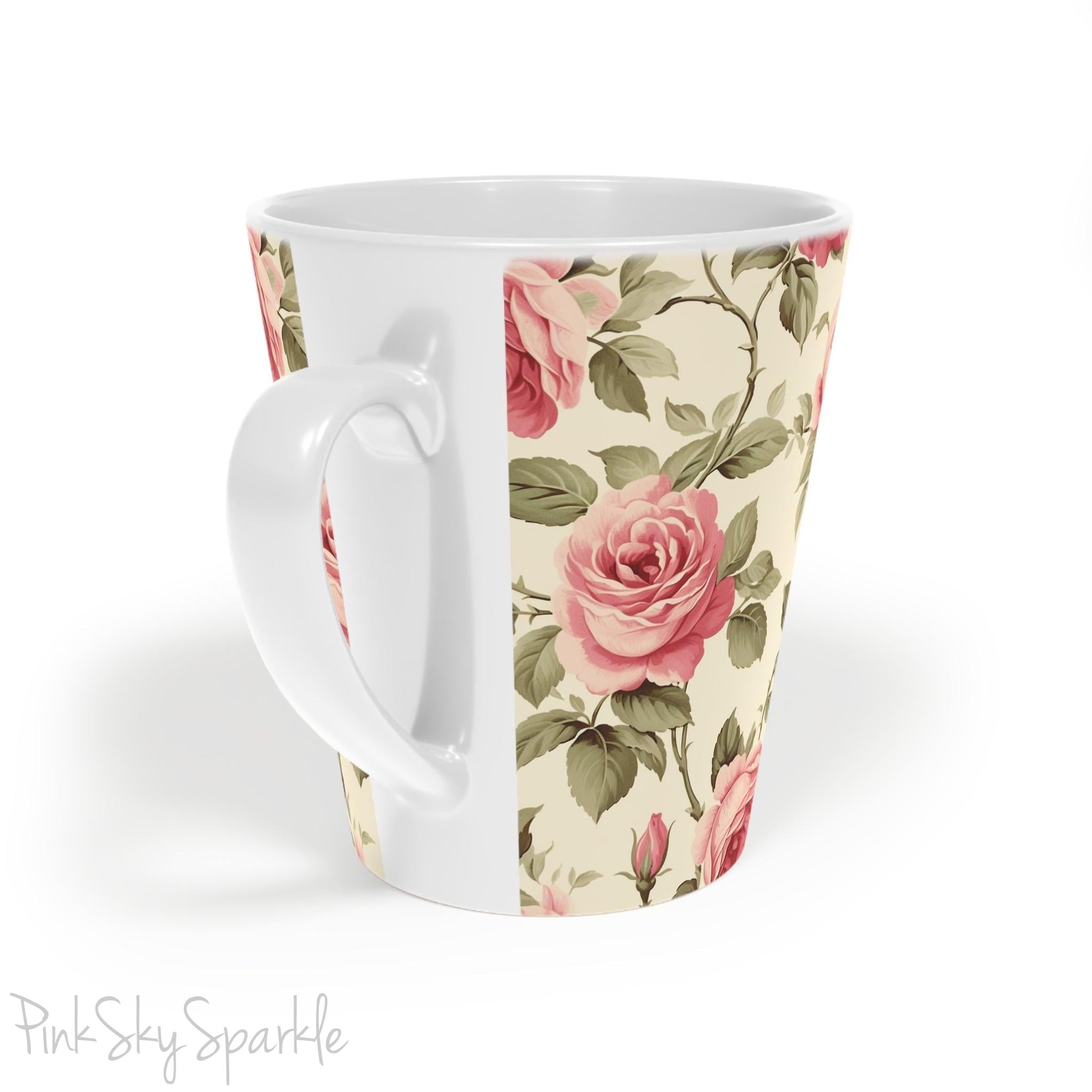 Rose Garden Latte Mug. A white mug with a rose vine print on an ivory coloured background.