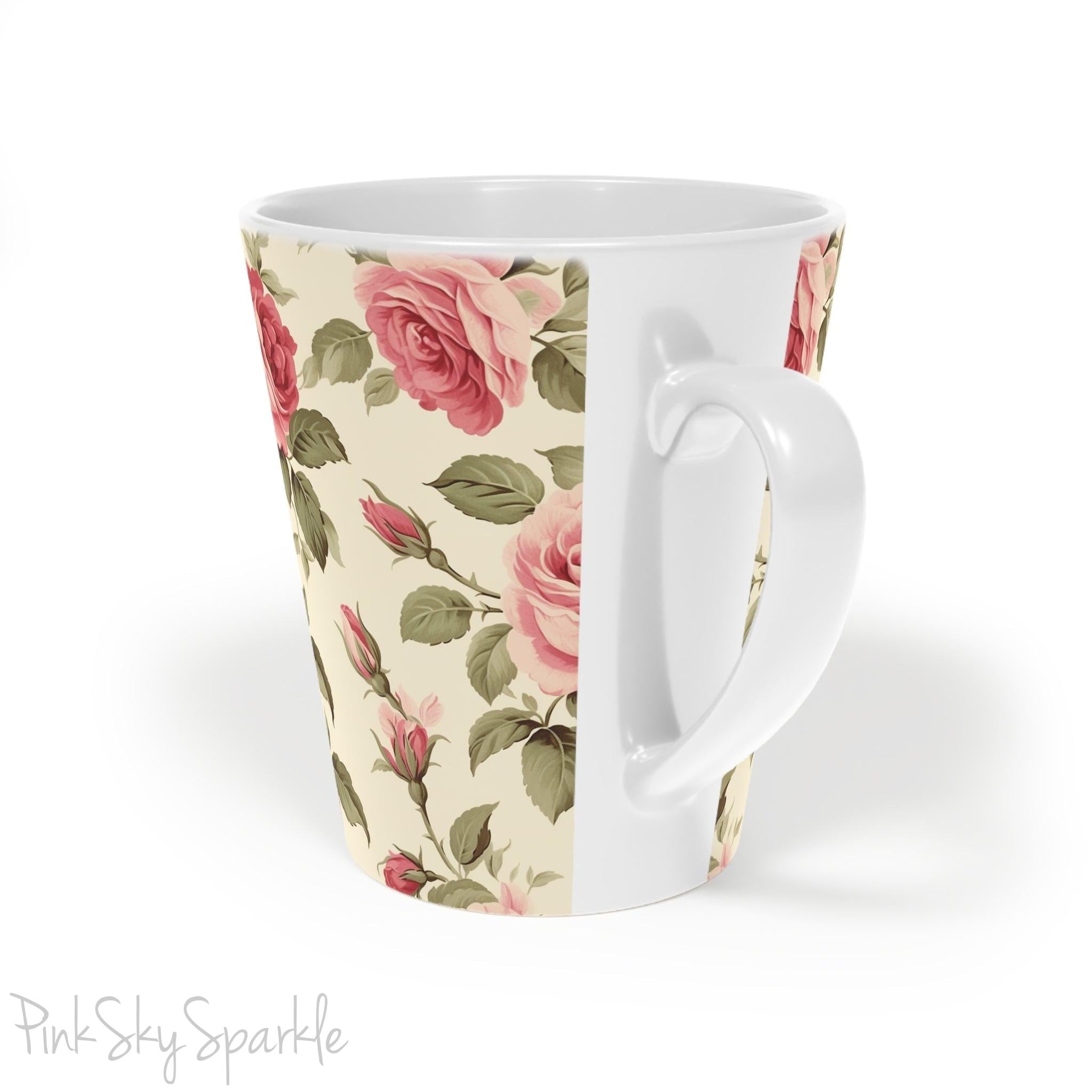 Rose Garden Latte Mug. A white mug with a rose vine print on an ivory coloured background.