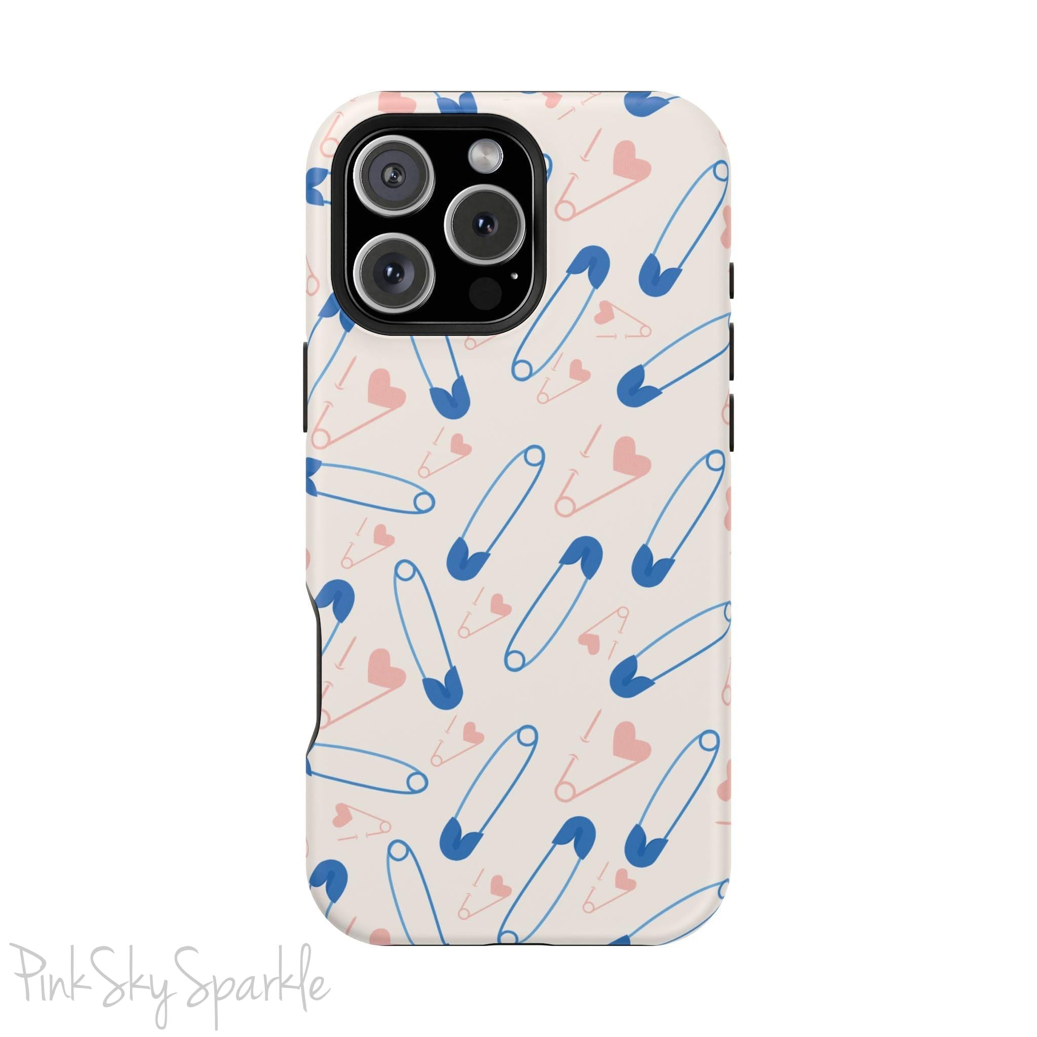 Make a statement with the Safety Pin Magnetic iPhone Case. Featuring a sleek design of blue safety pins, this case adds unique flair while providing durable protection for iPhone models 13, 14, 15, and 16.