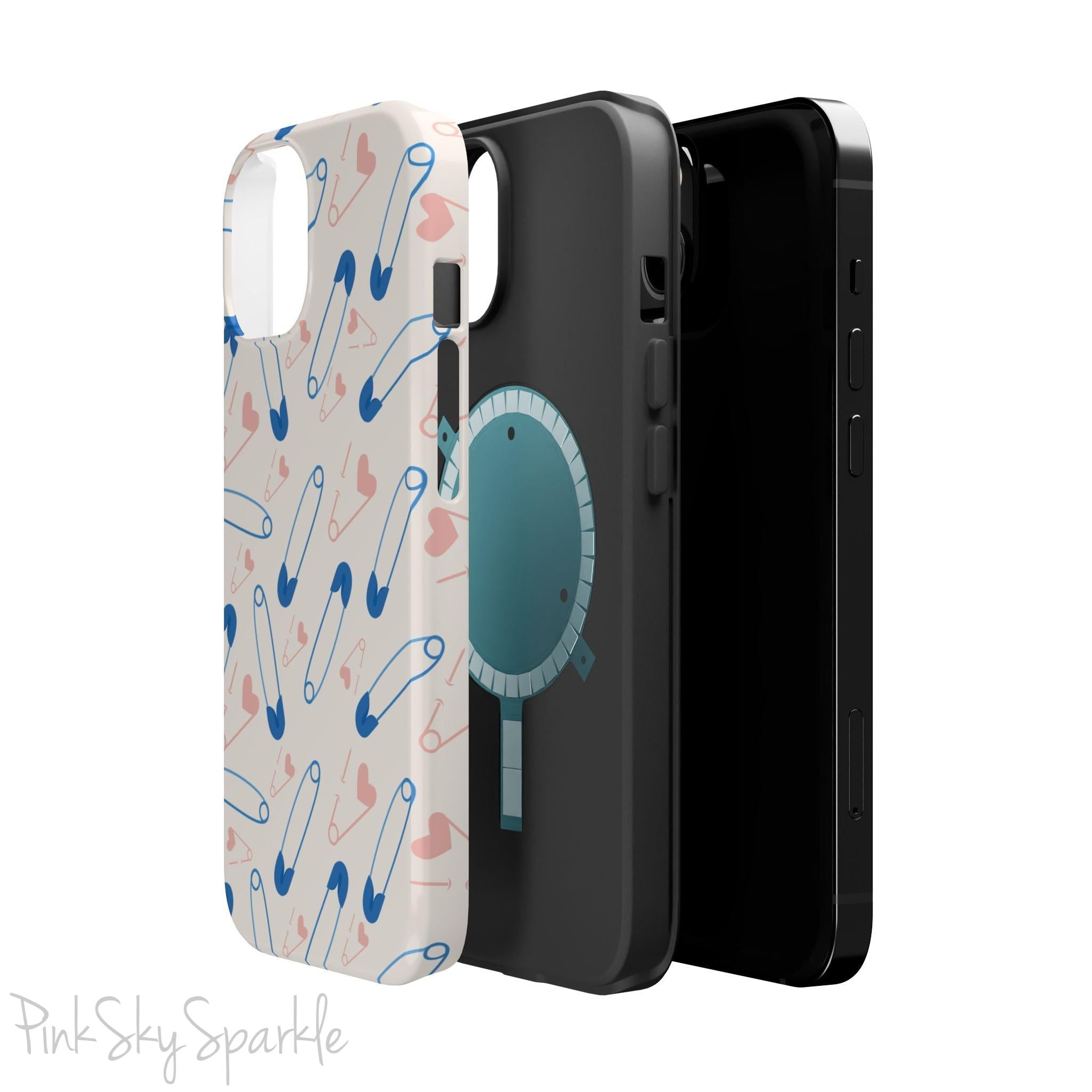 Make a statement with the Safety Pin Magnetic iPhone Case. Featuring a sleek design of blue safety pins, this case adds unique flair while providing durable protection for iPhone models 13, 14, 15, and 16.