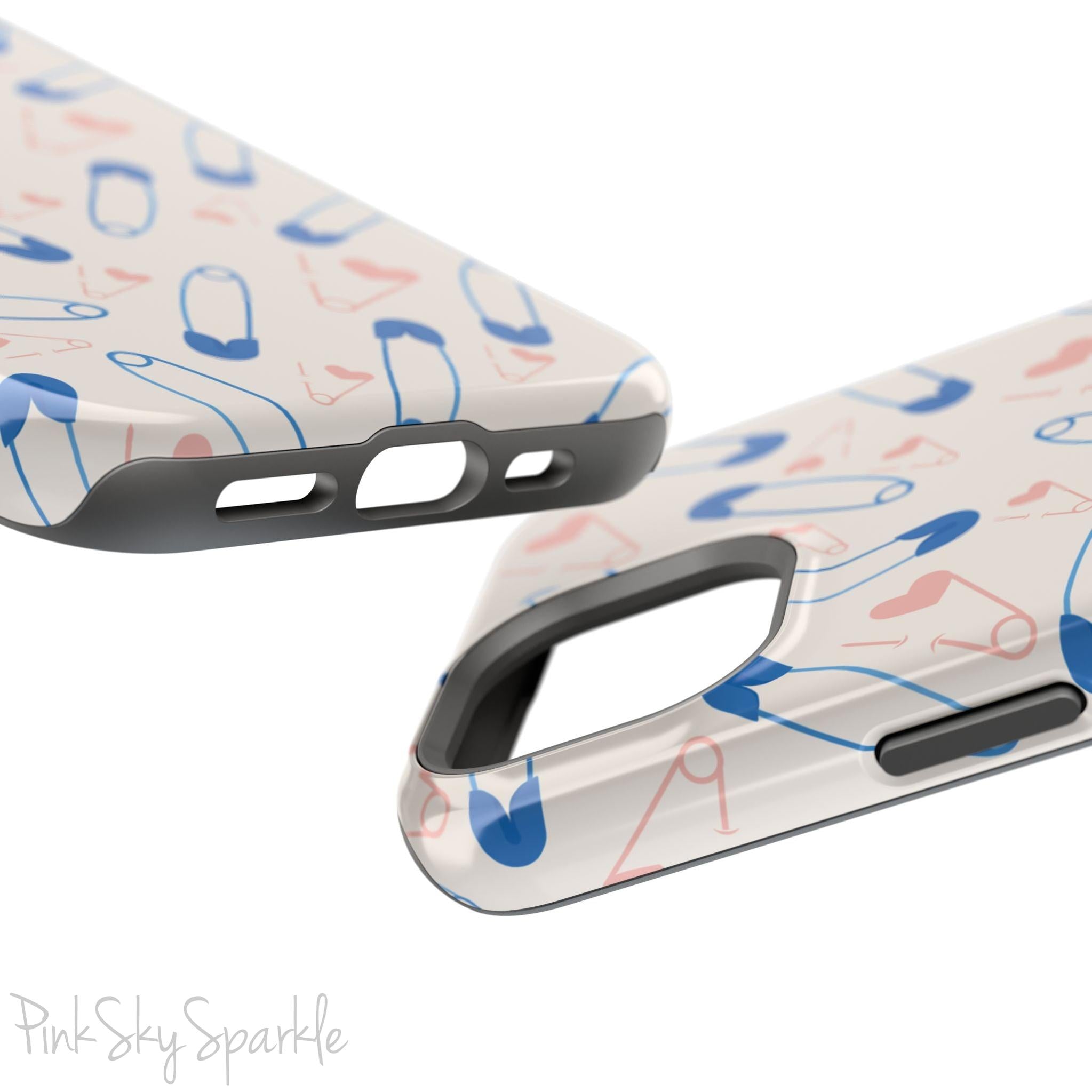 Make a statement with the Safety Pin Magnetic iPhone Case. Featuring a sleek design of blue safety pins, this case adds unique flair while providing durable protection for iPhone models 13, 14, 15, and 16.