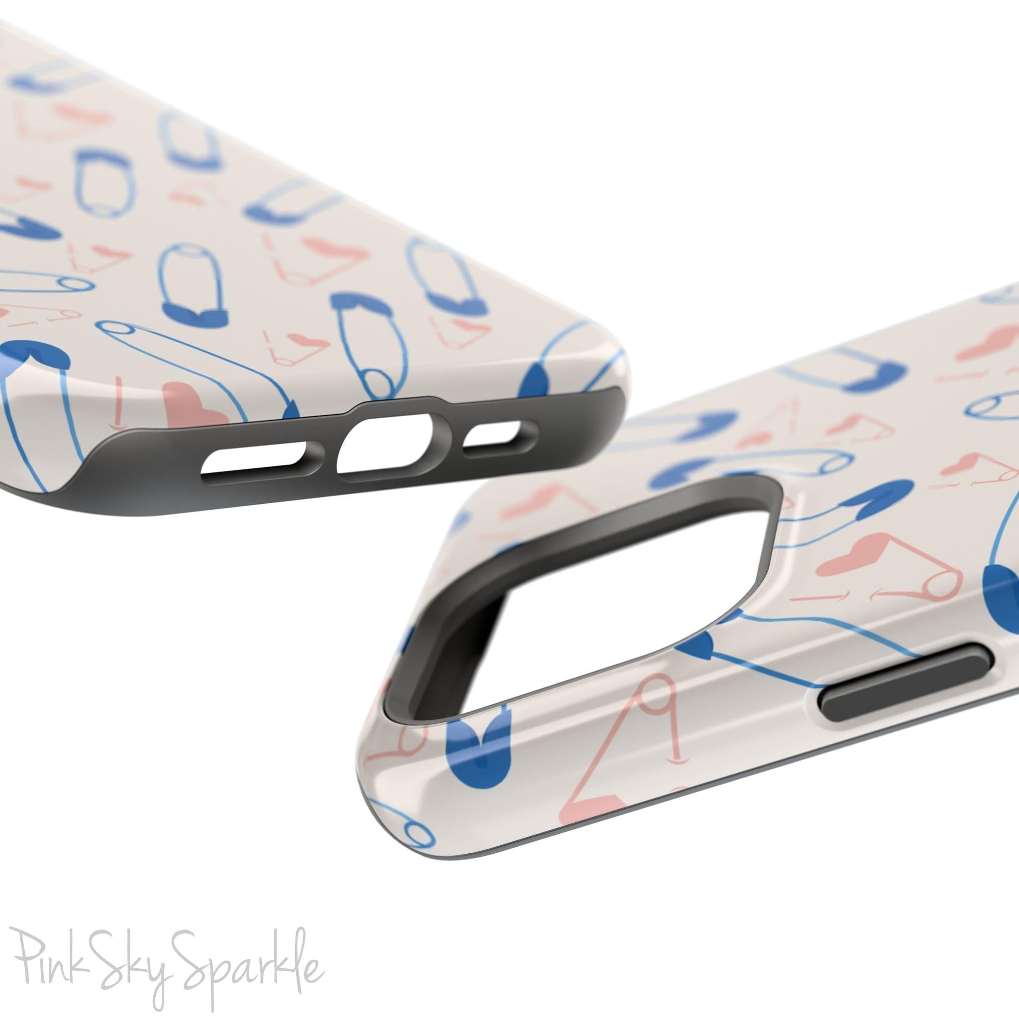 Make a statement with the Safety Pin Magnetic iPhone Case. Featuring a sleek design of blue safety pins, this case adds unique flair while providing durable protection for iPhone models 13, 14, 15, and 16.