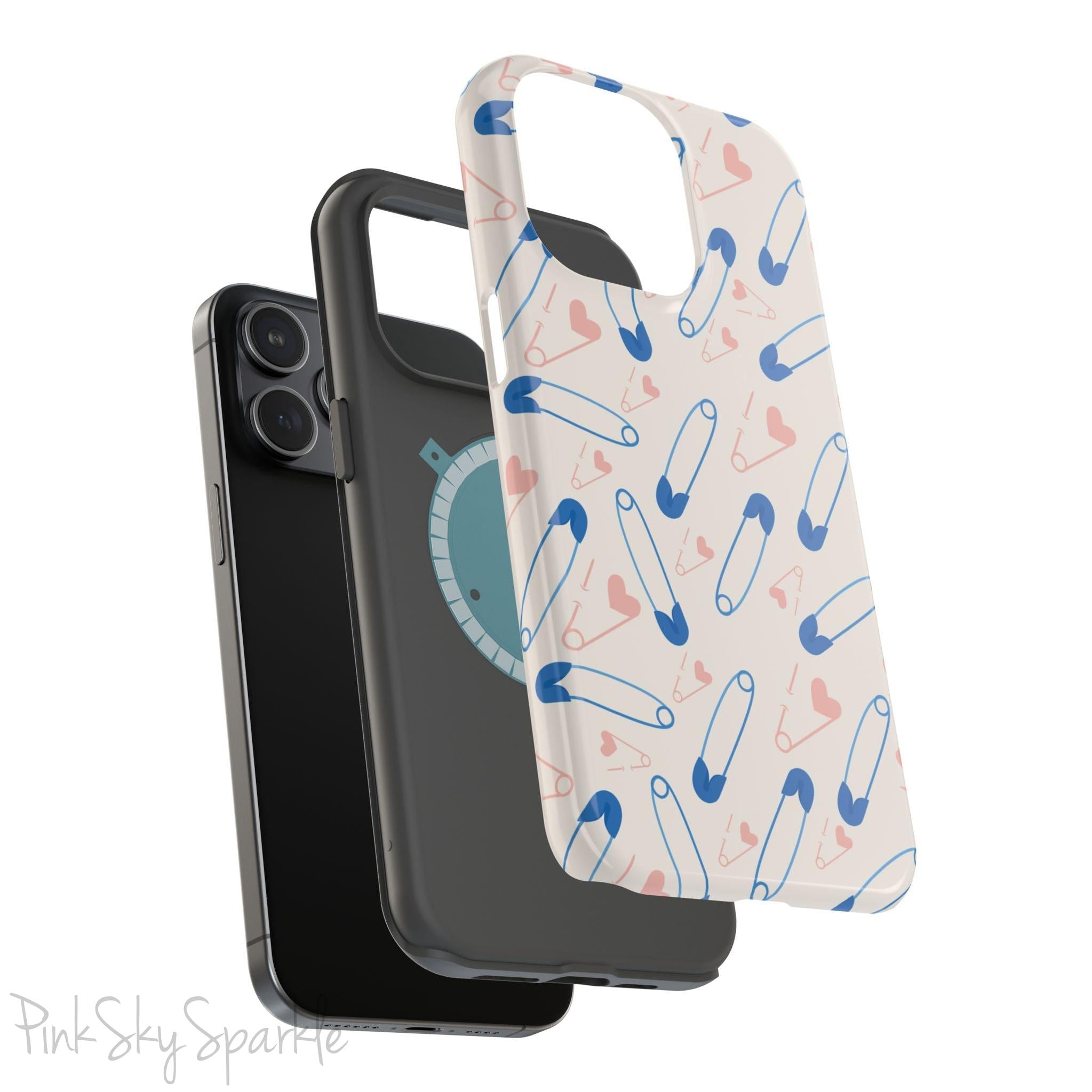 Make a statement with the Safety Pin Magnetic iPhone Case. Featuring a sleek design of blue safety pins, this case adds unique flair while providing durable protection for iPhone models 13, 14, 15, and 16.