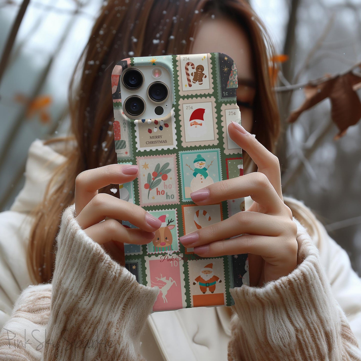 Santa's Stamp Collection Magnetic iPhone Case featuring festive holiday stamps with Christmas trees, snowflakes, candy canes, and Santa Claus, compatible with iPhone models 13, 14, 15, and 16.