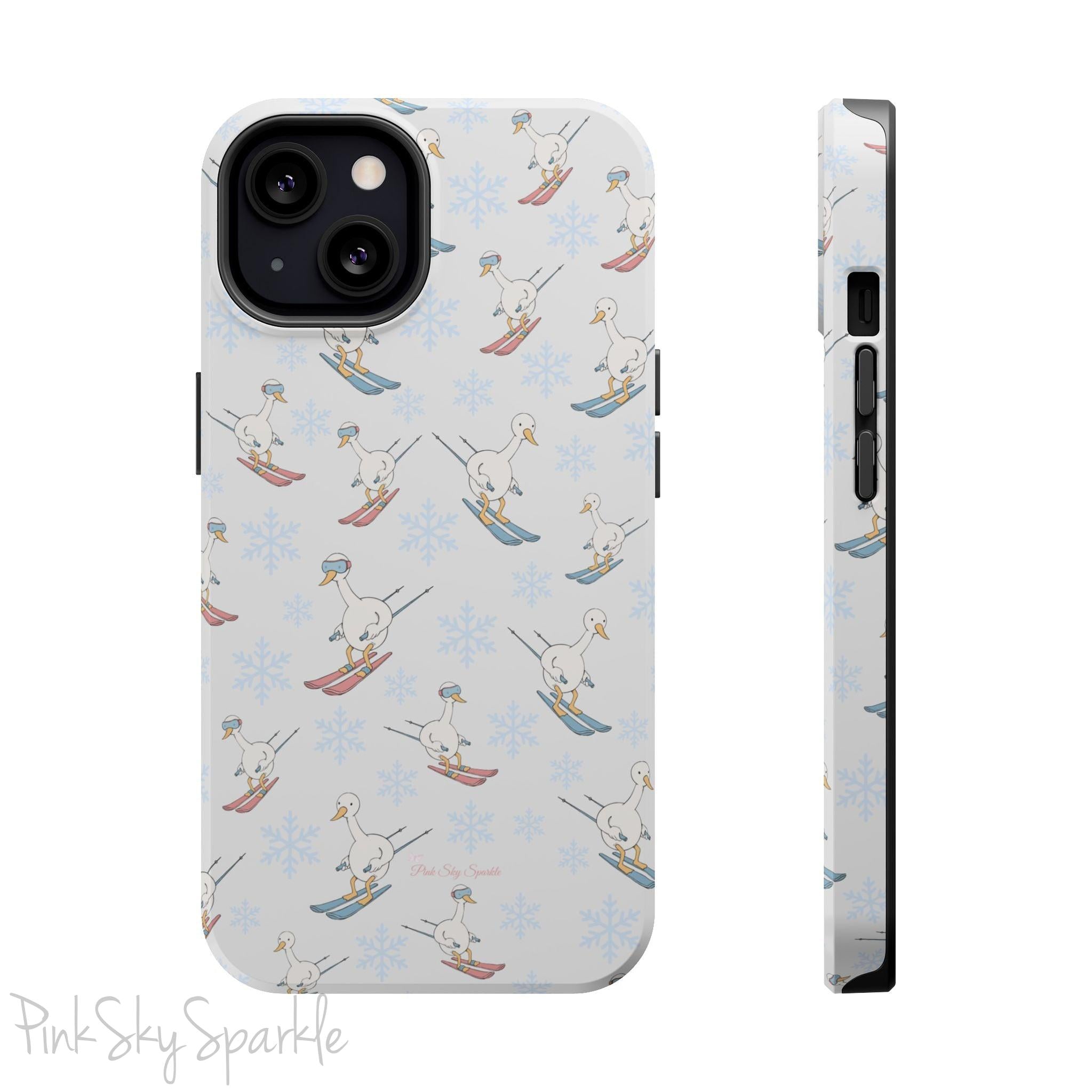 Silly Goose Magnetic iPhone Case. A whimsical iPhone case with a white background featuring illustrated geese skiing