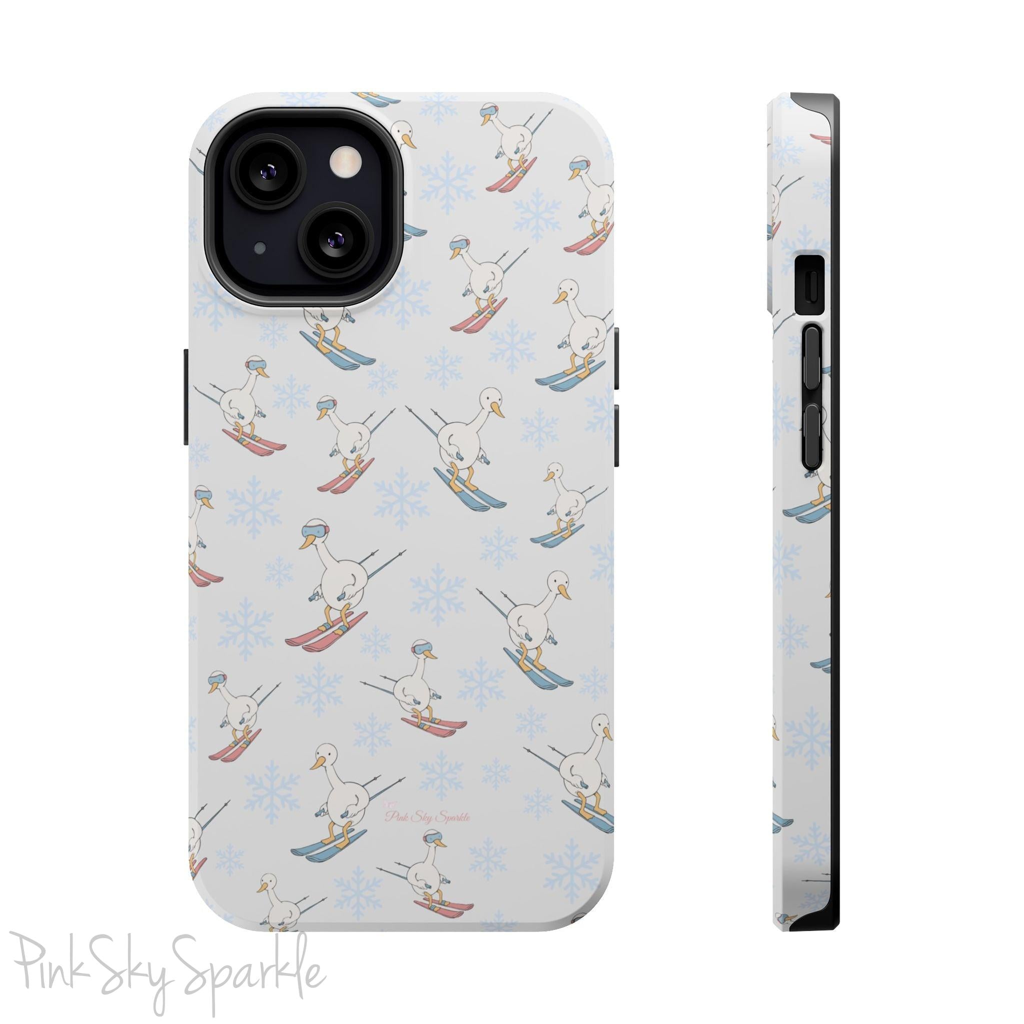 Silly Goose Magnetic iPhone Case. A whimsical iPhone case with a white background featuring illustrated geese skiing